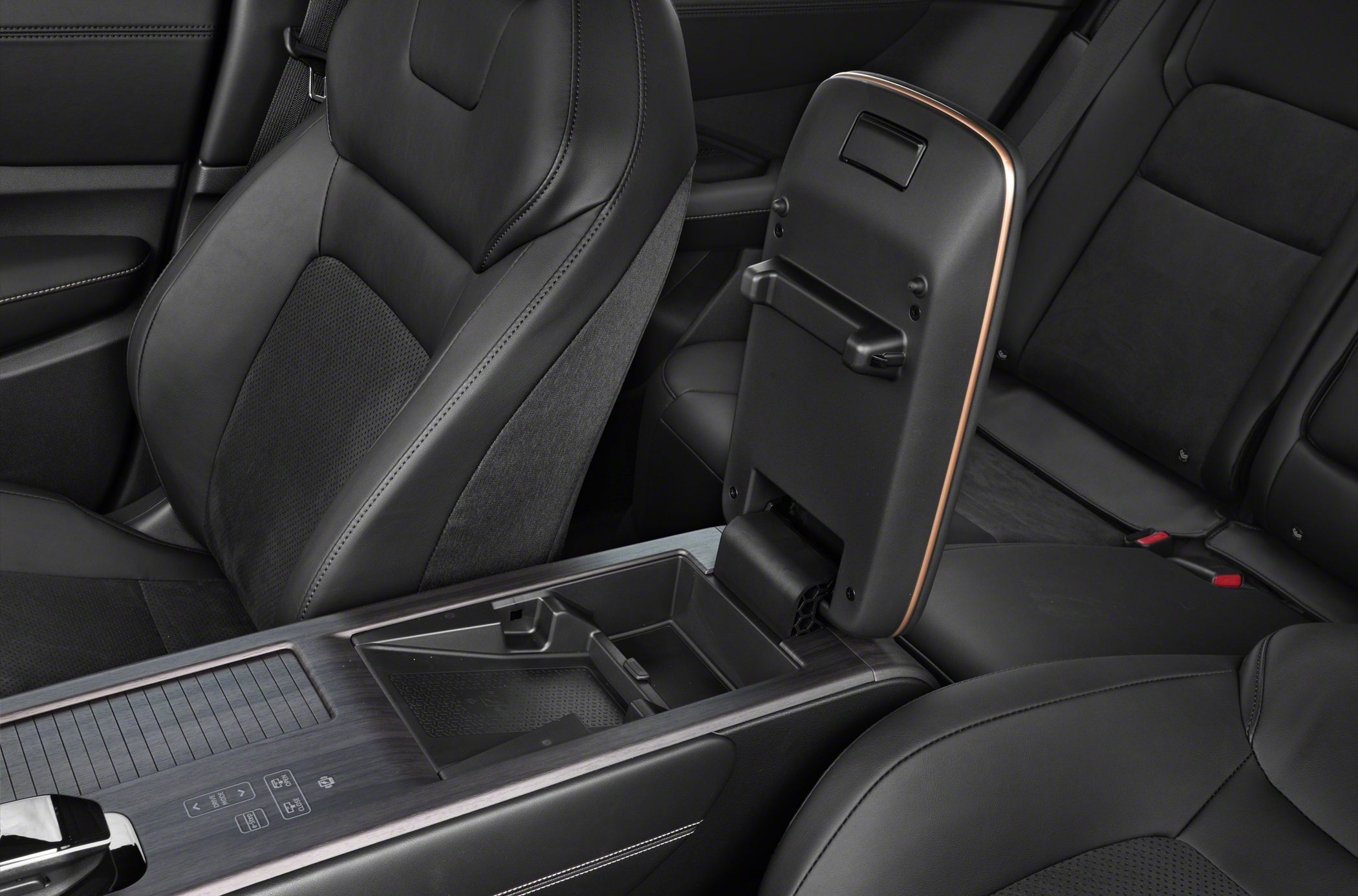 Black leather seats and open center console storage