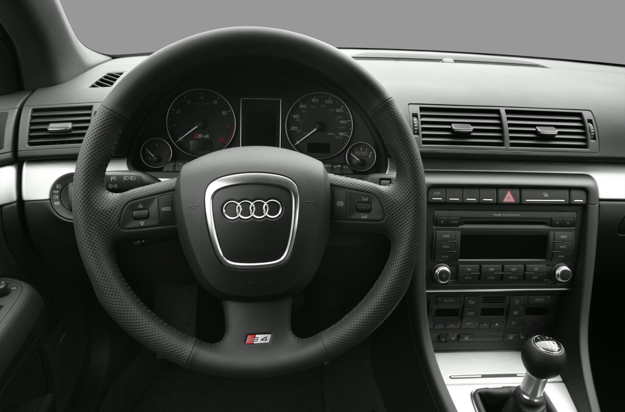 Steering wheel and dashboard with gear shift lever in car interior