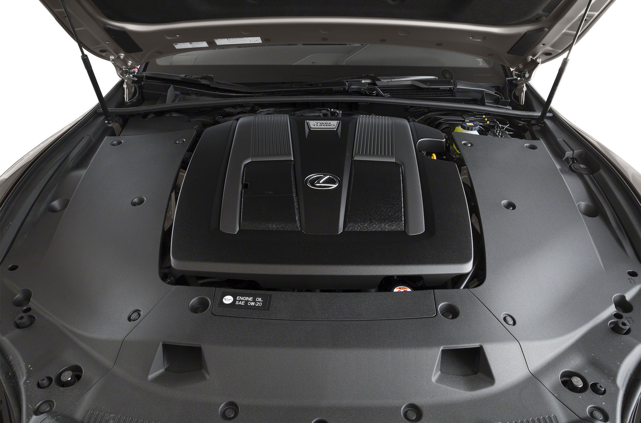 Twin turbo V8 engine bay with Lexus emblem and sleek engine cover