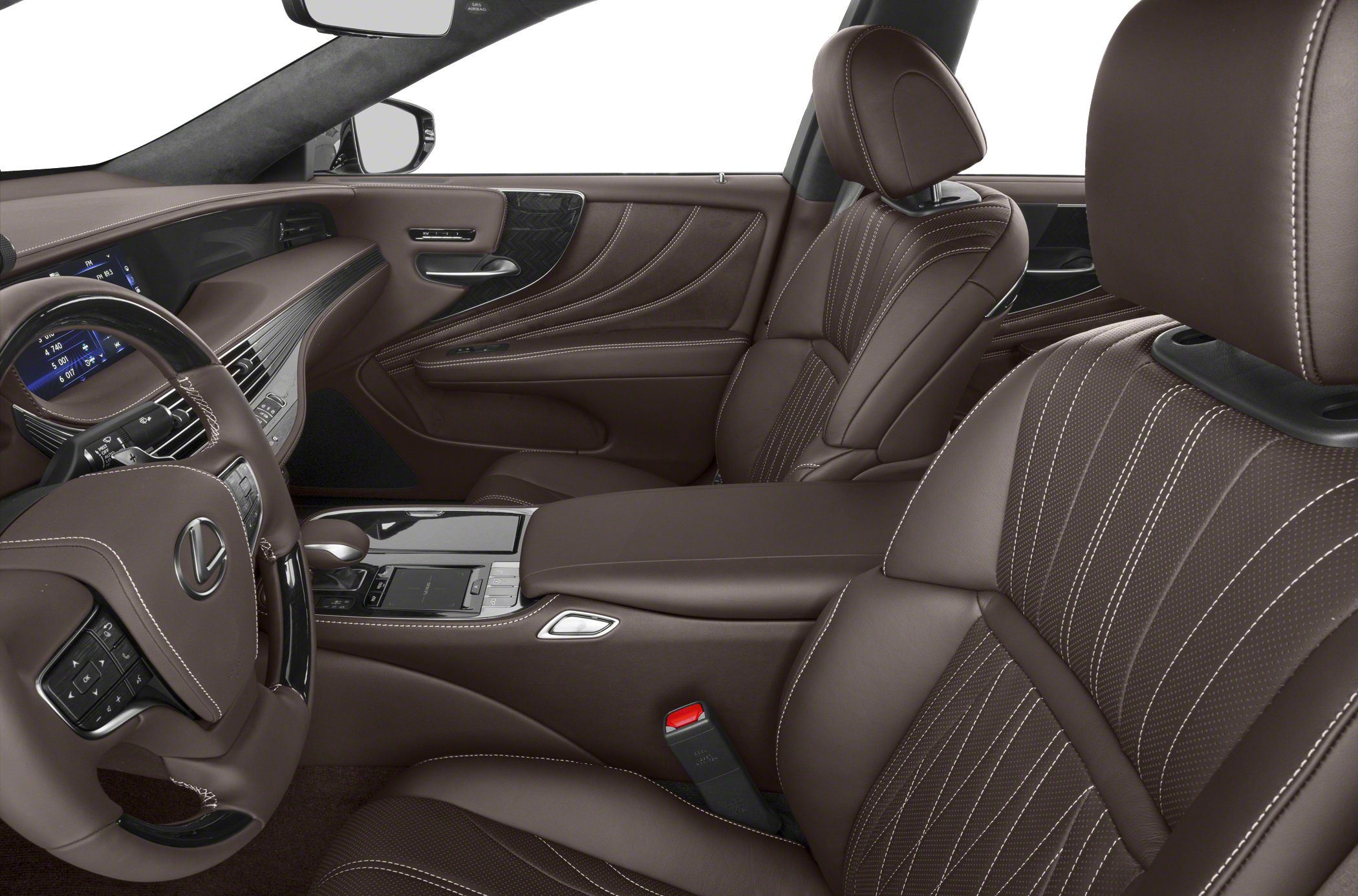 Luxury brown leather interior with detailed stitching and advanced controls