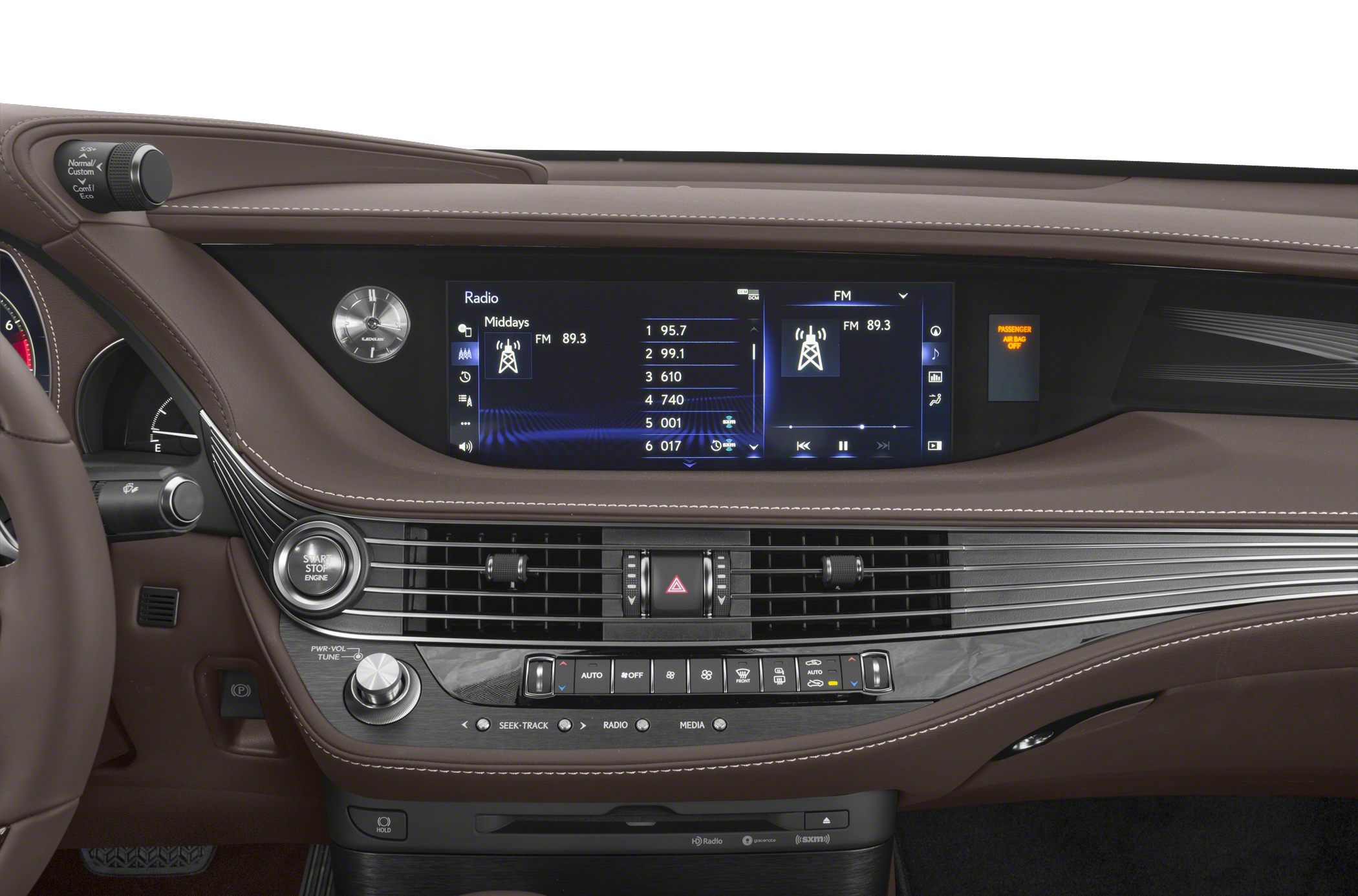 Luxury dashboard with dual digital displays and analog clock