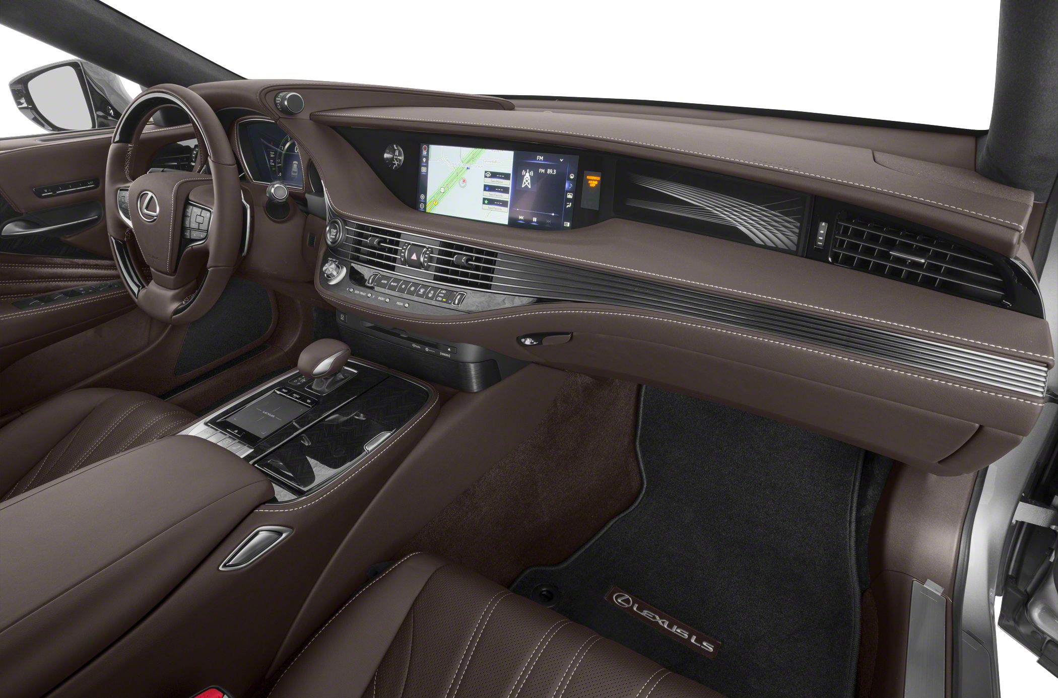 Luxury brown leather interior with dashboard and central console features