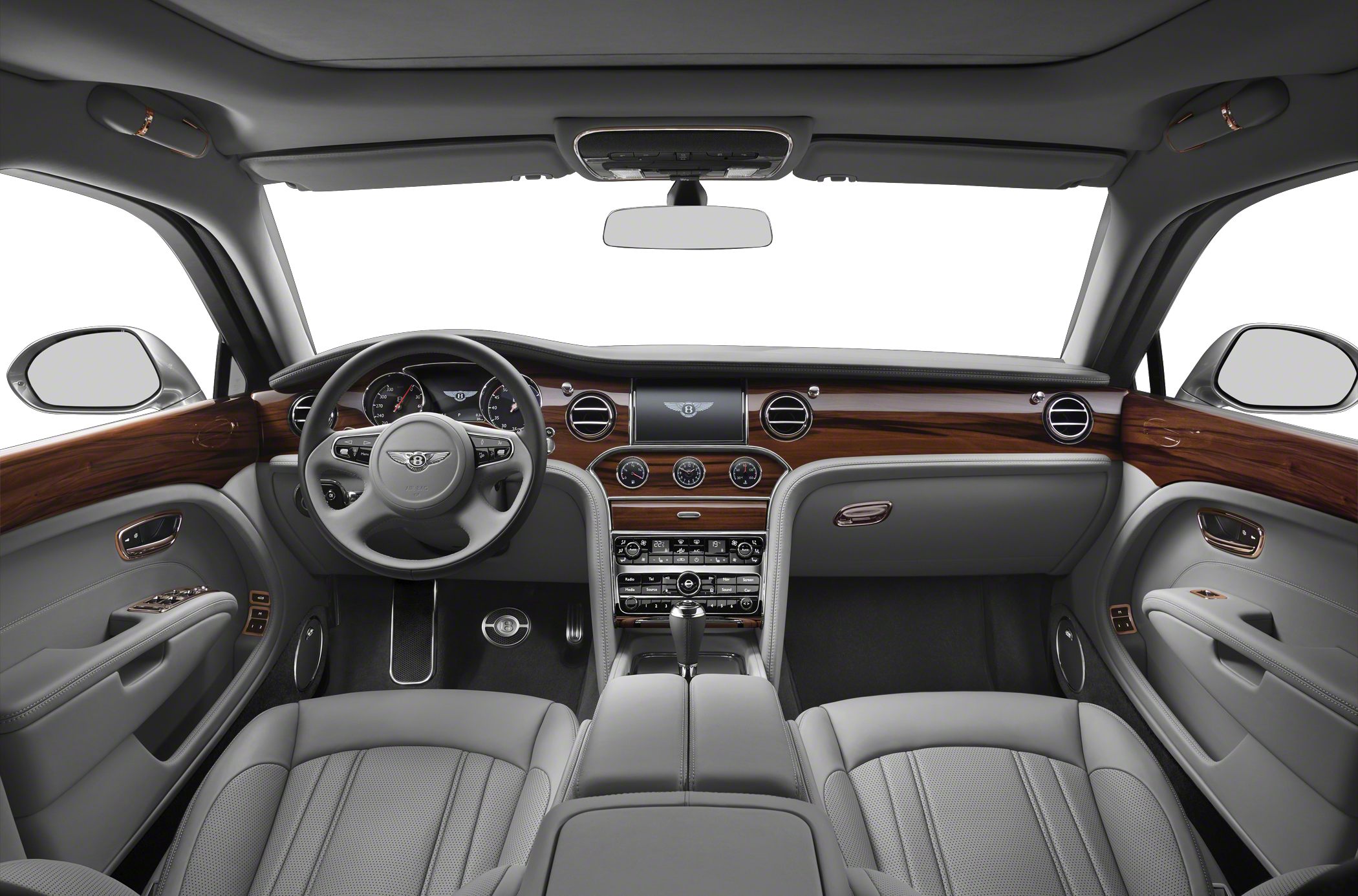 Luxury interior with wood trim dashboard and gray leather seats