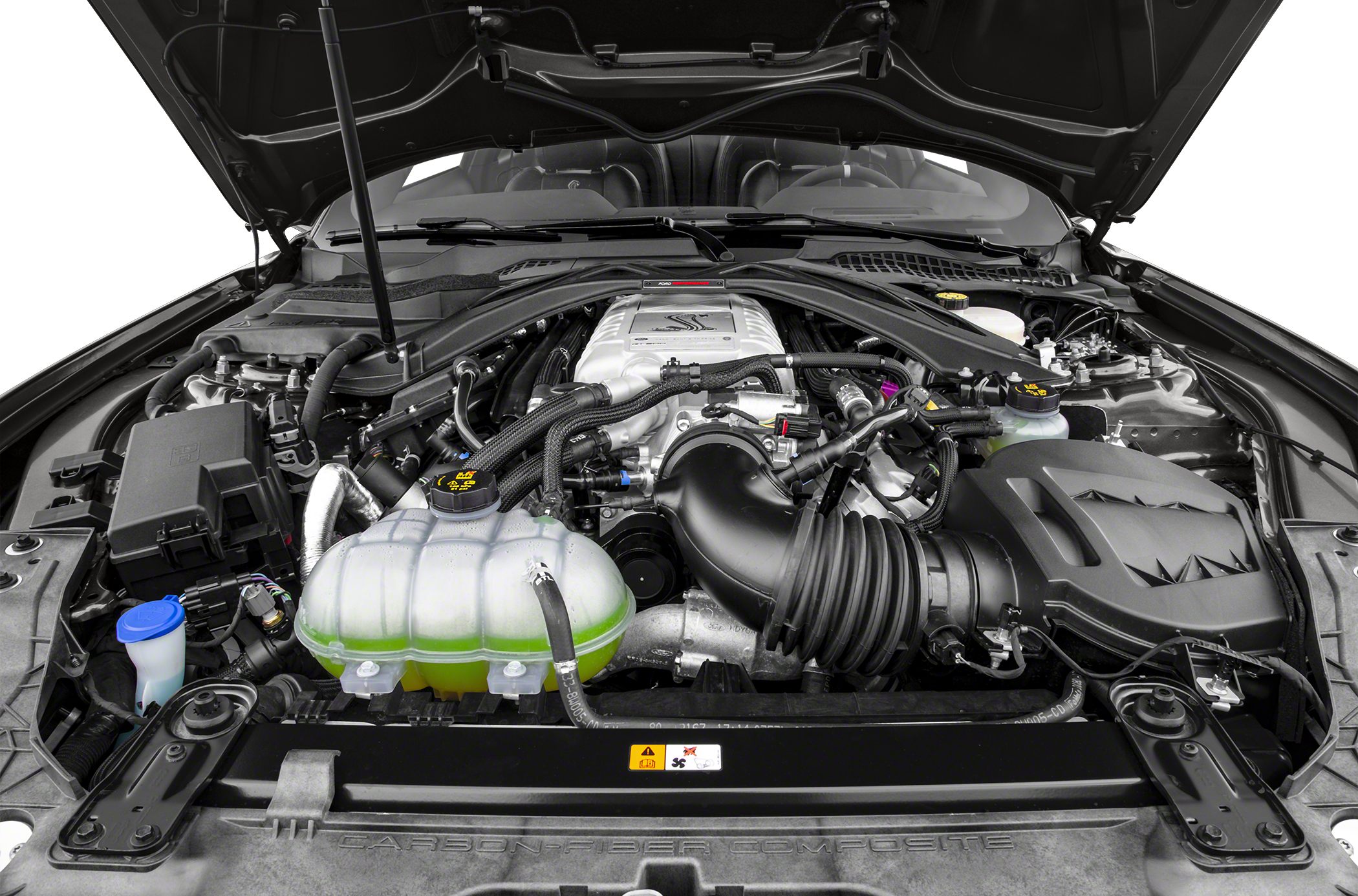 Supercharged V8 engine with advanced air intake and cooling system under open hood