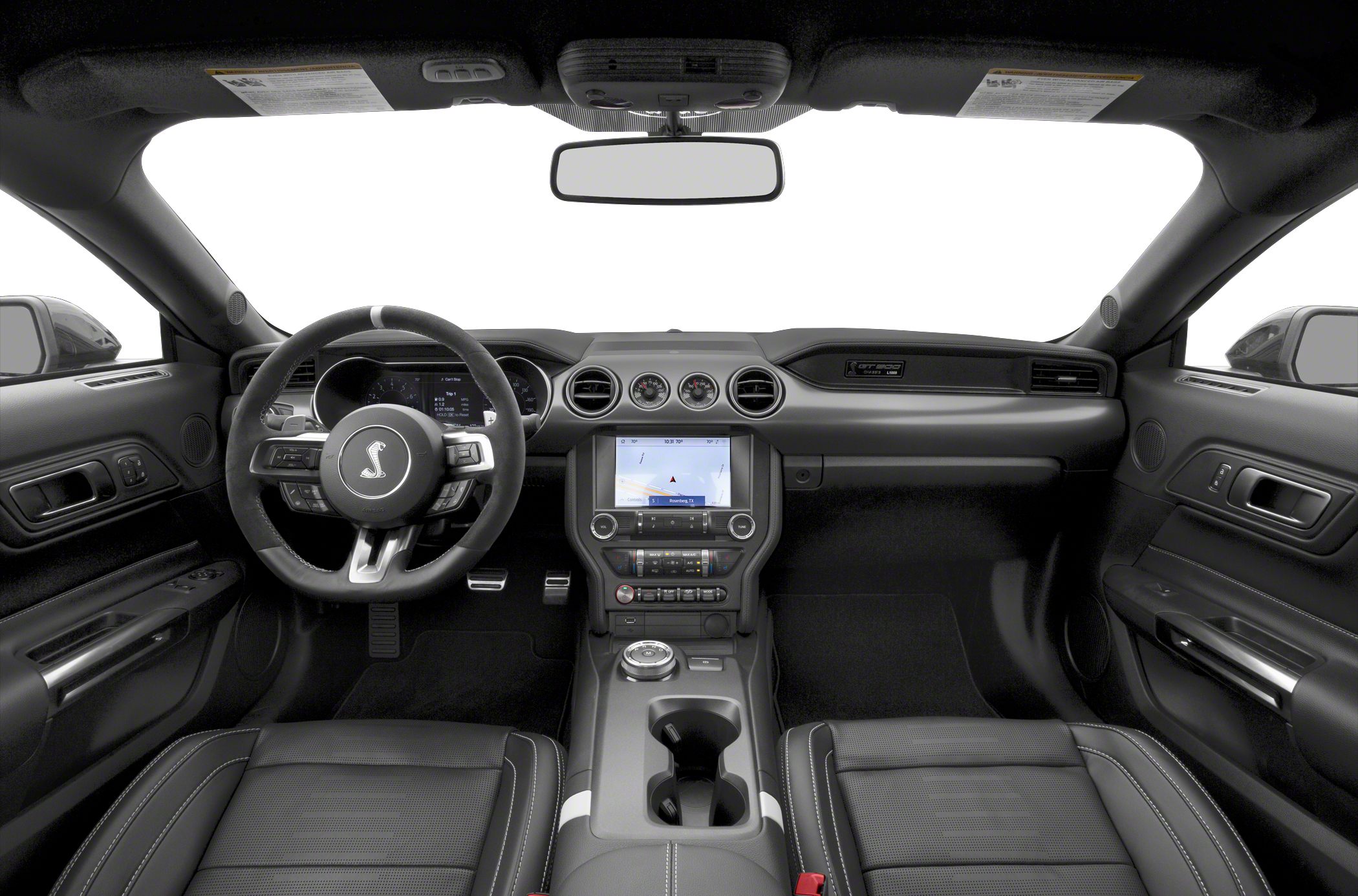 Sports steering wheel with Shelby emblem, digital infotainment display center console, black leather seats.