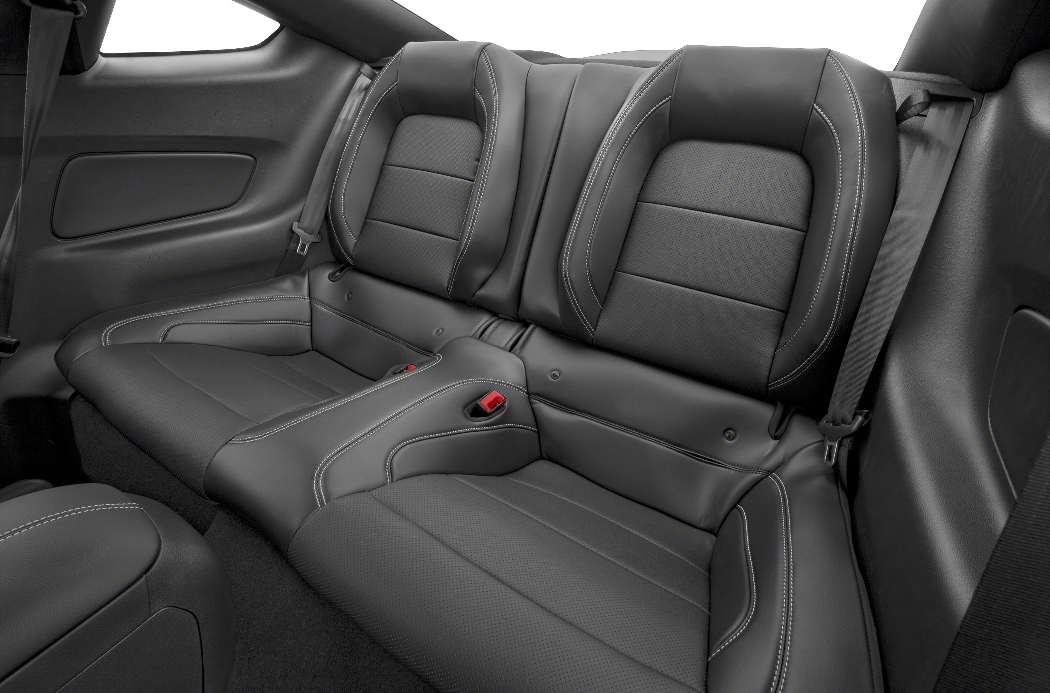 Black leather rear seats with white stitching and seat belts