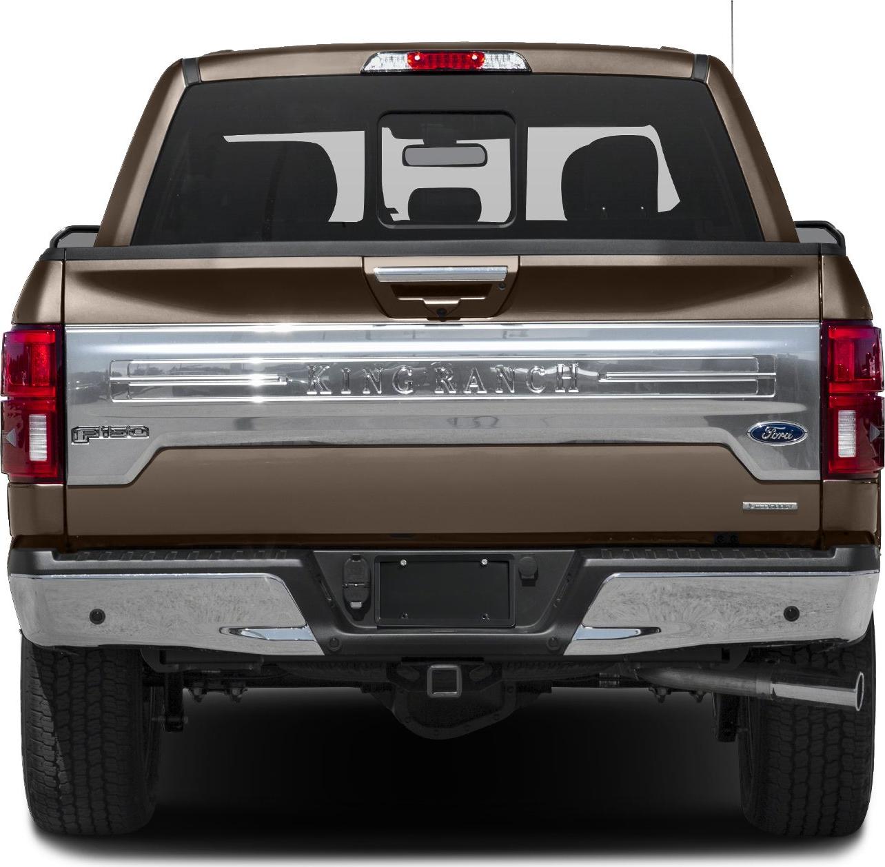 Rear view of a long box pickup with chrome tailgate and King Ranch badge