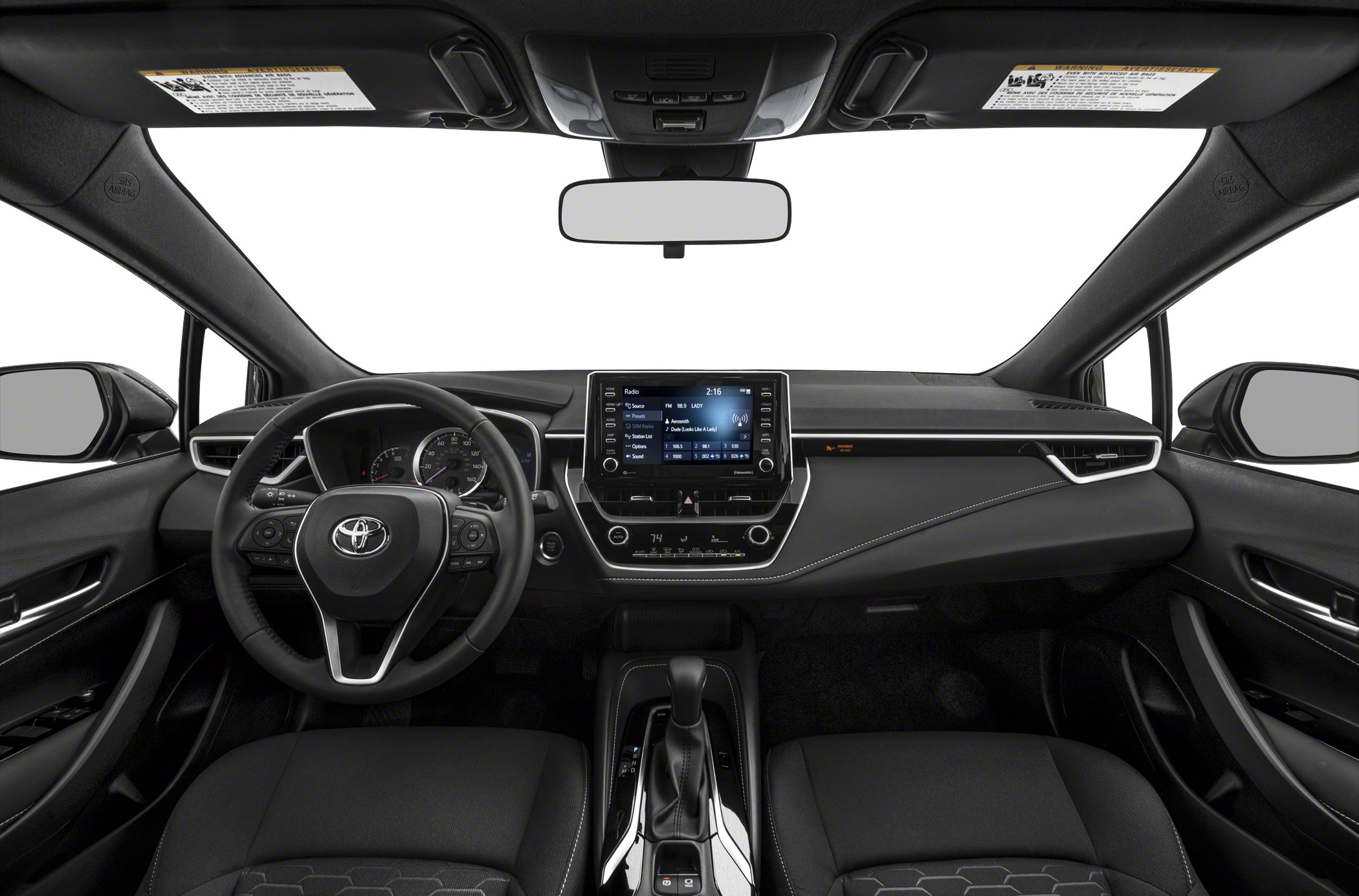 Interior dashboard and infotainment with steering wheel and gear shift