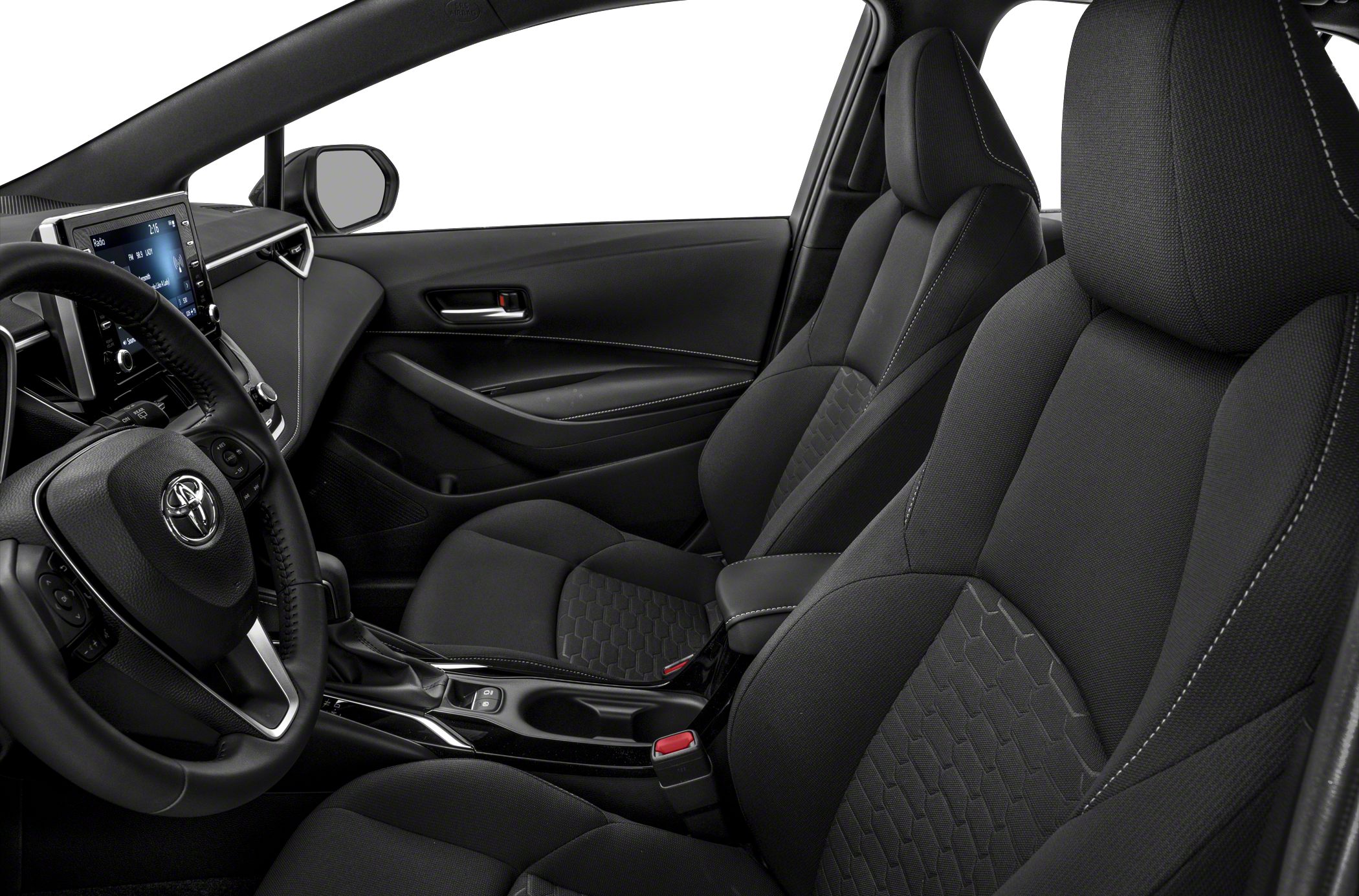 Ergonomic front fabric seats and modern multimedia dashboard