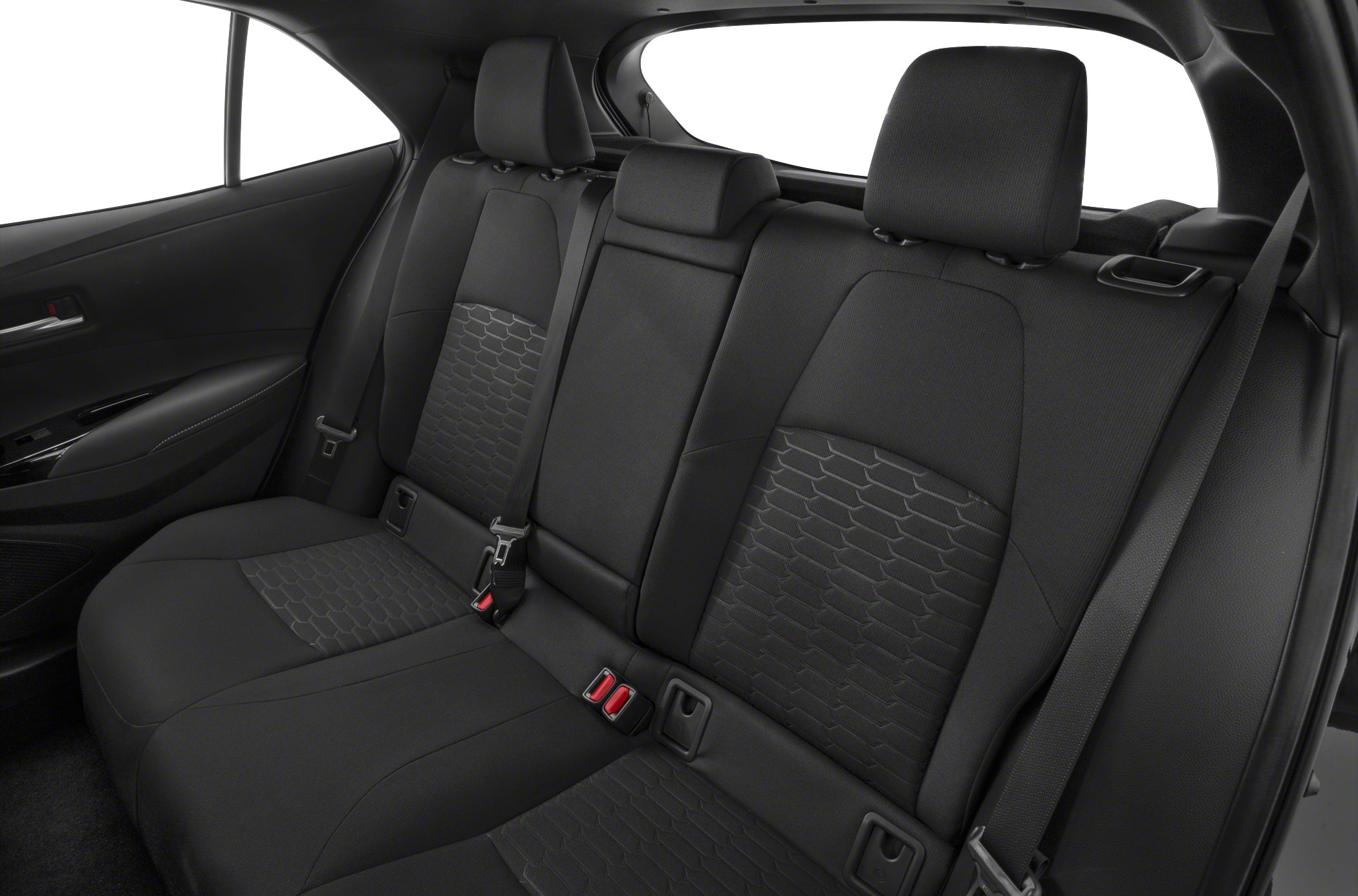 Rear seat interior with fabric upholstery and seatbelts
