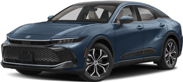 Front side view of sleek blue sporty sedan with modern headlights and stylish wheels