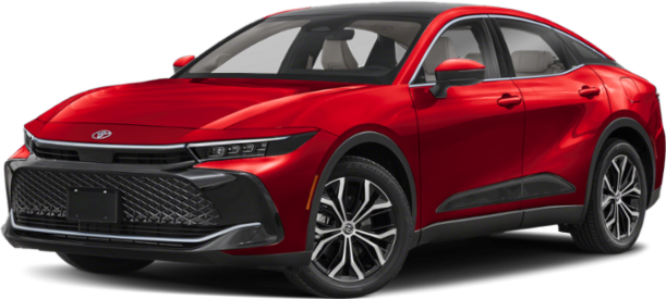 Sharp LED headlights and bold front grille on sporty red vehicle