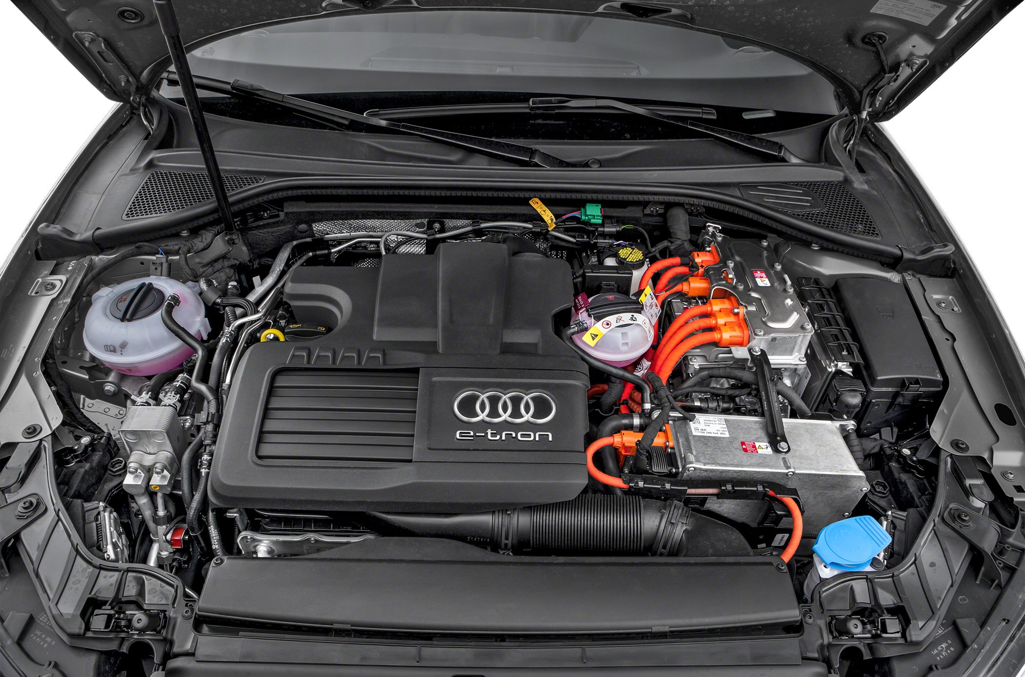 Electric motor bay with orange high-voltage wiring and e-tron engine cover