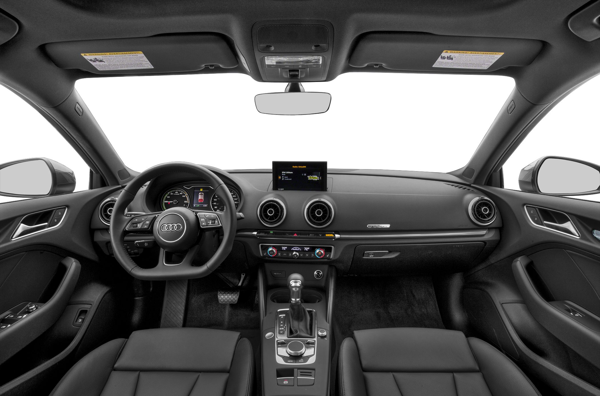 Car interior with dashboard, steering wheel, and infotainment screen