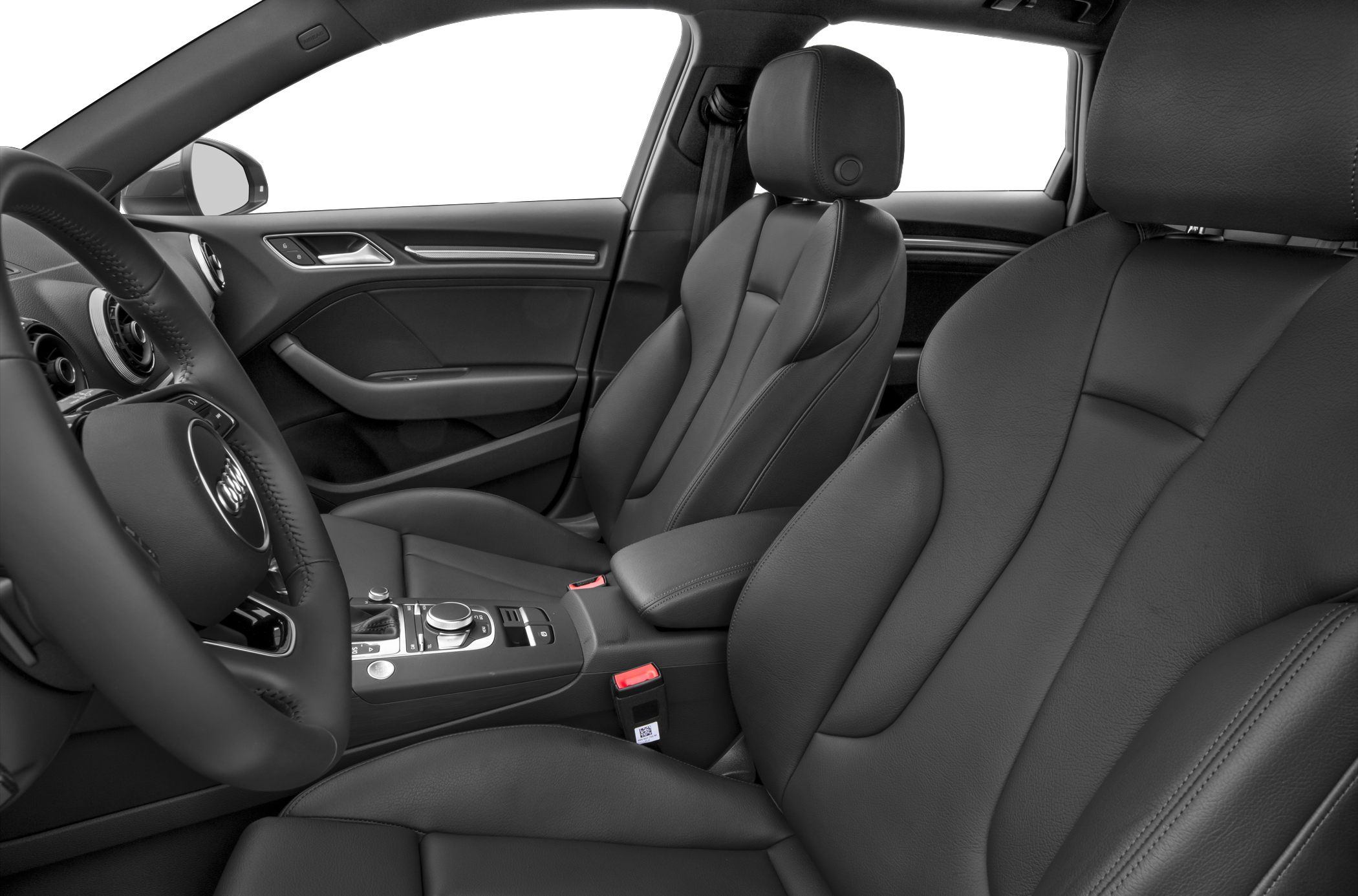 Black leather seats with modern steering wheel and center console controls