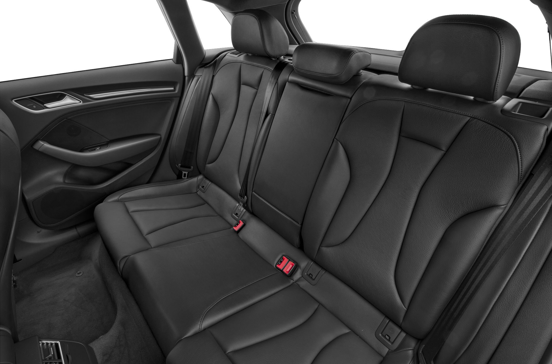 Black leather rear car seats with headrests and stitching