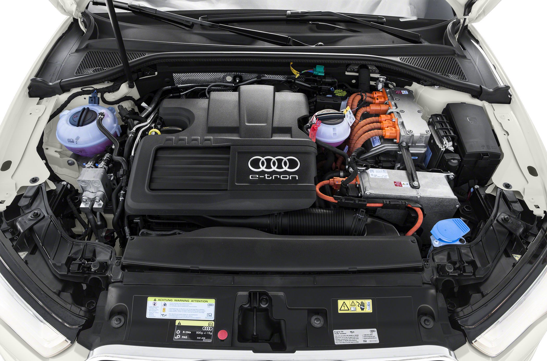 Hybrid engine and electric motor components under hood