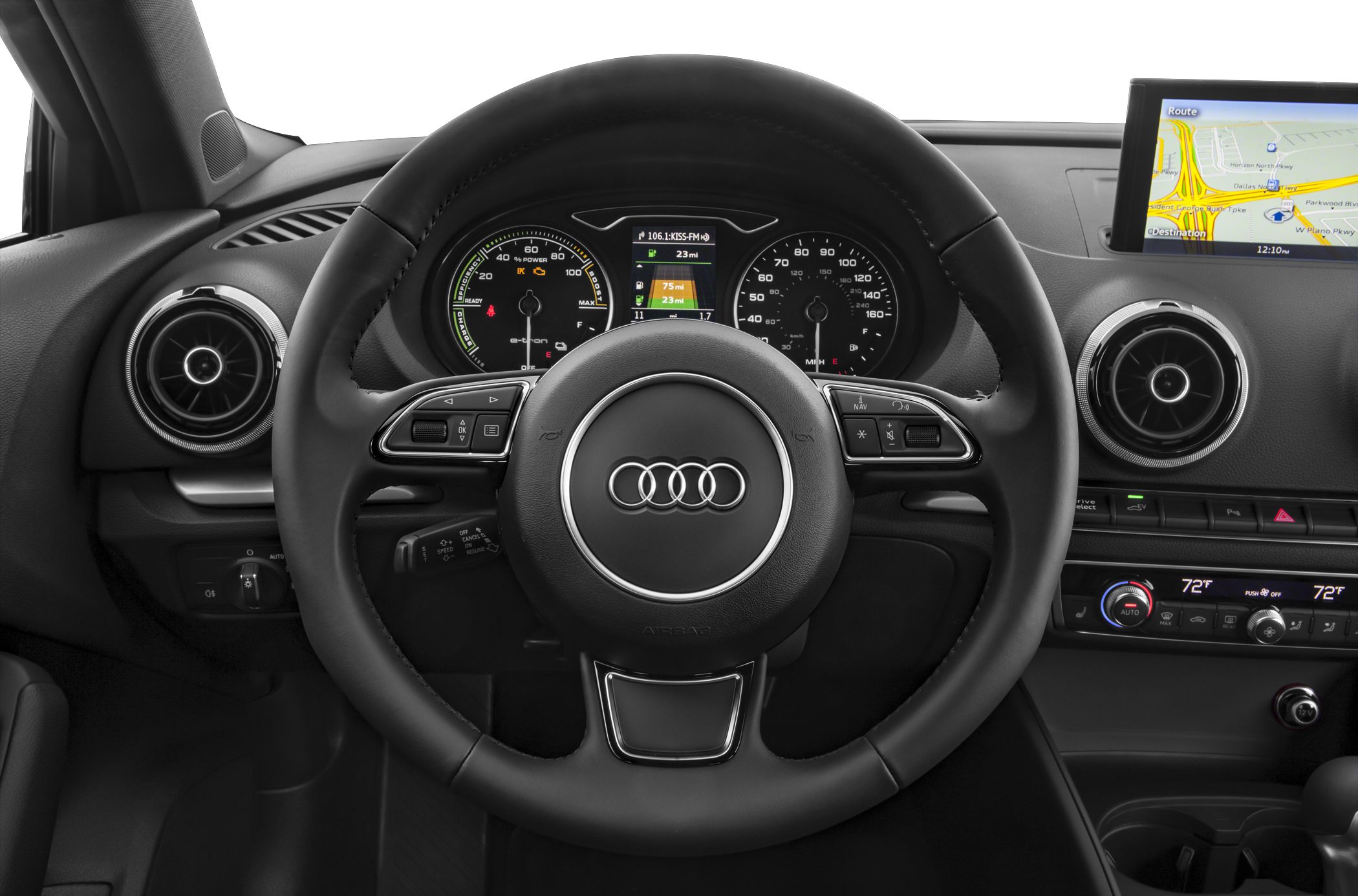 Steering wheel, instrument cluster, and infotainment navigation screen