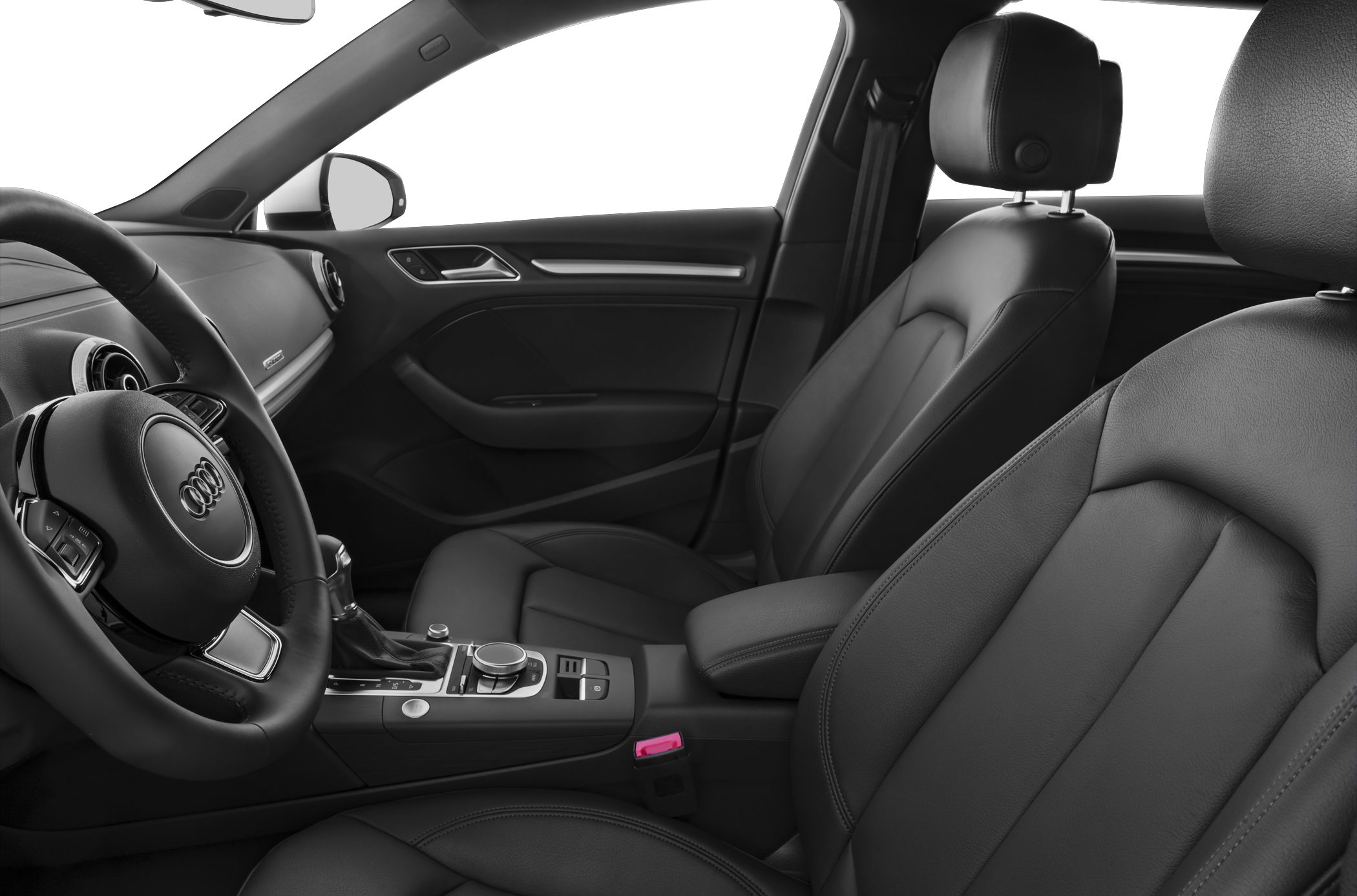 Front interior with leather seats, steering wheel, and dashboard controls