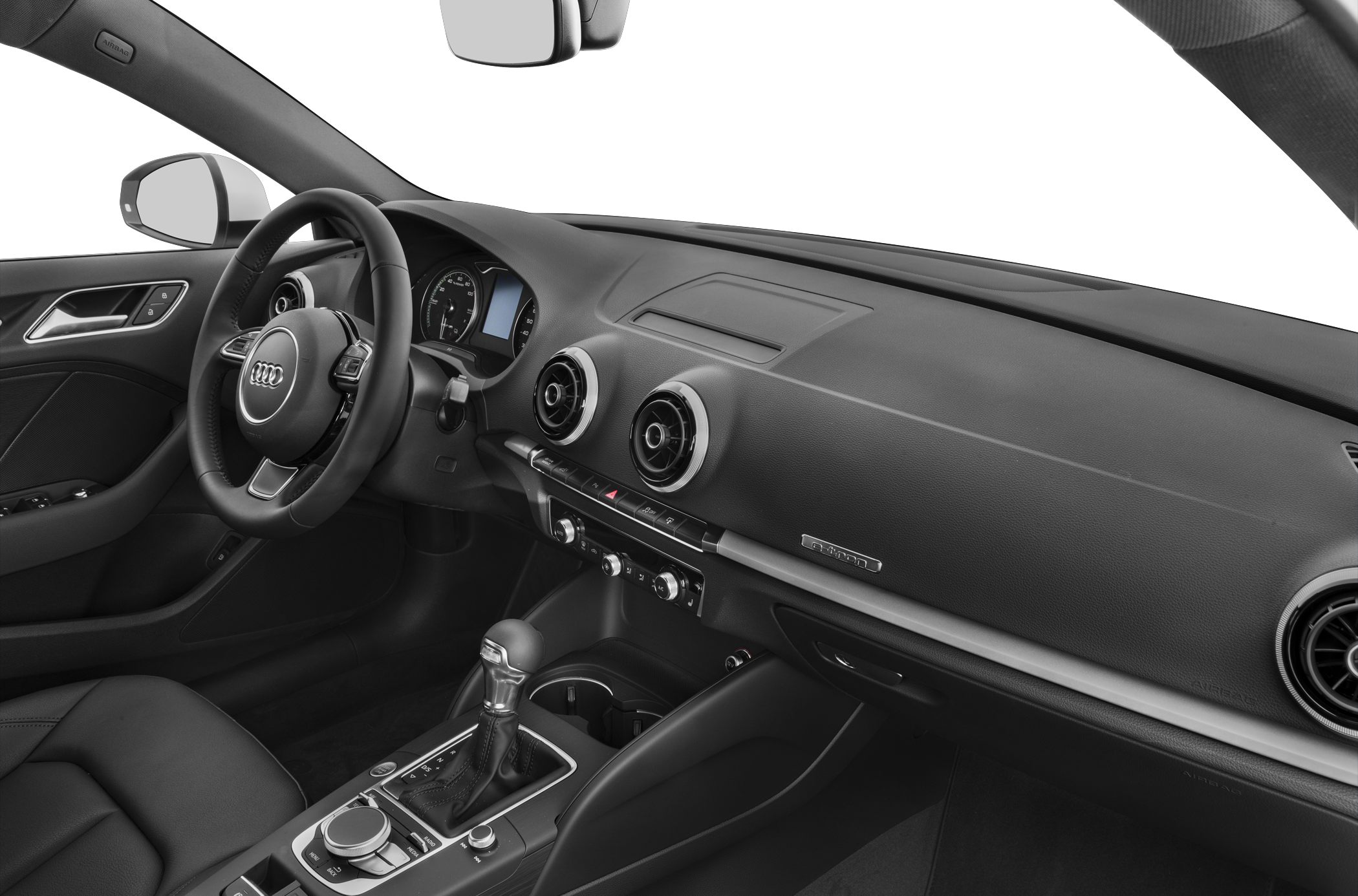 Steering wheel, dashboard, air vents, center console with gear lever