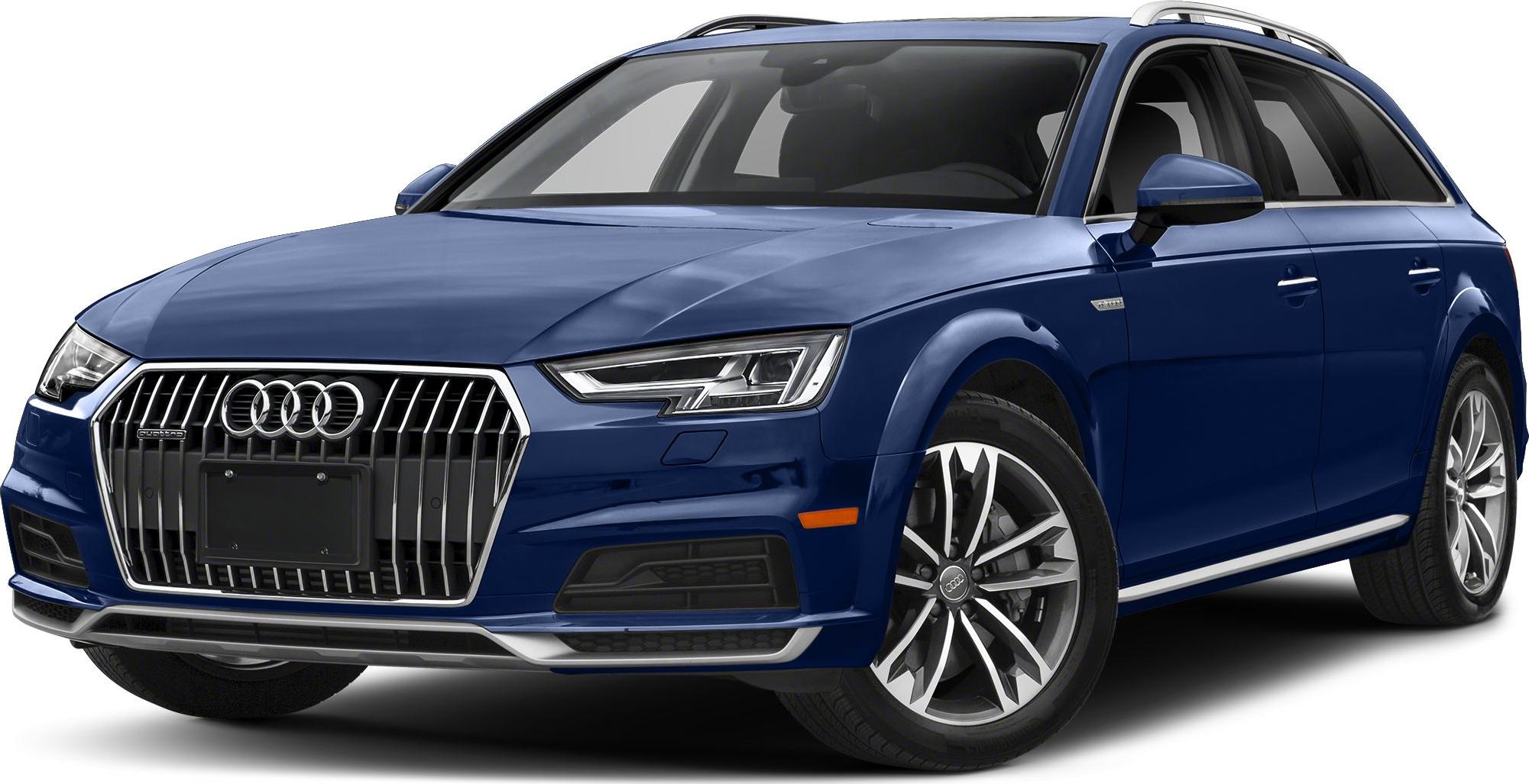Front-side view of blue Audi Avant with grille and LED headlights