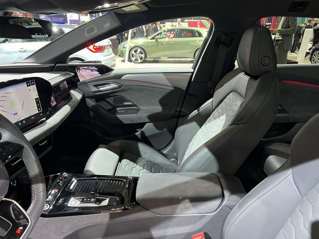 Modern car interior with digital dashboard and premium seats