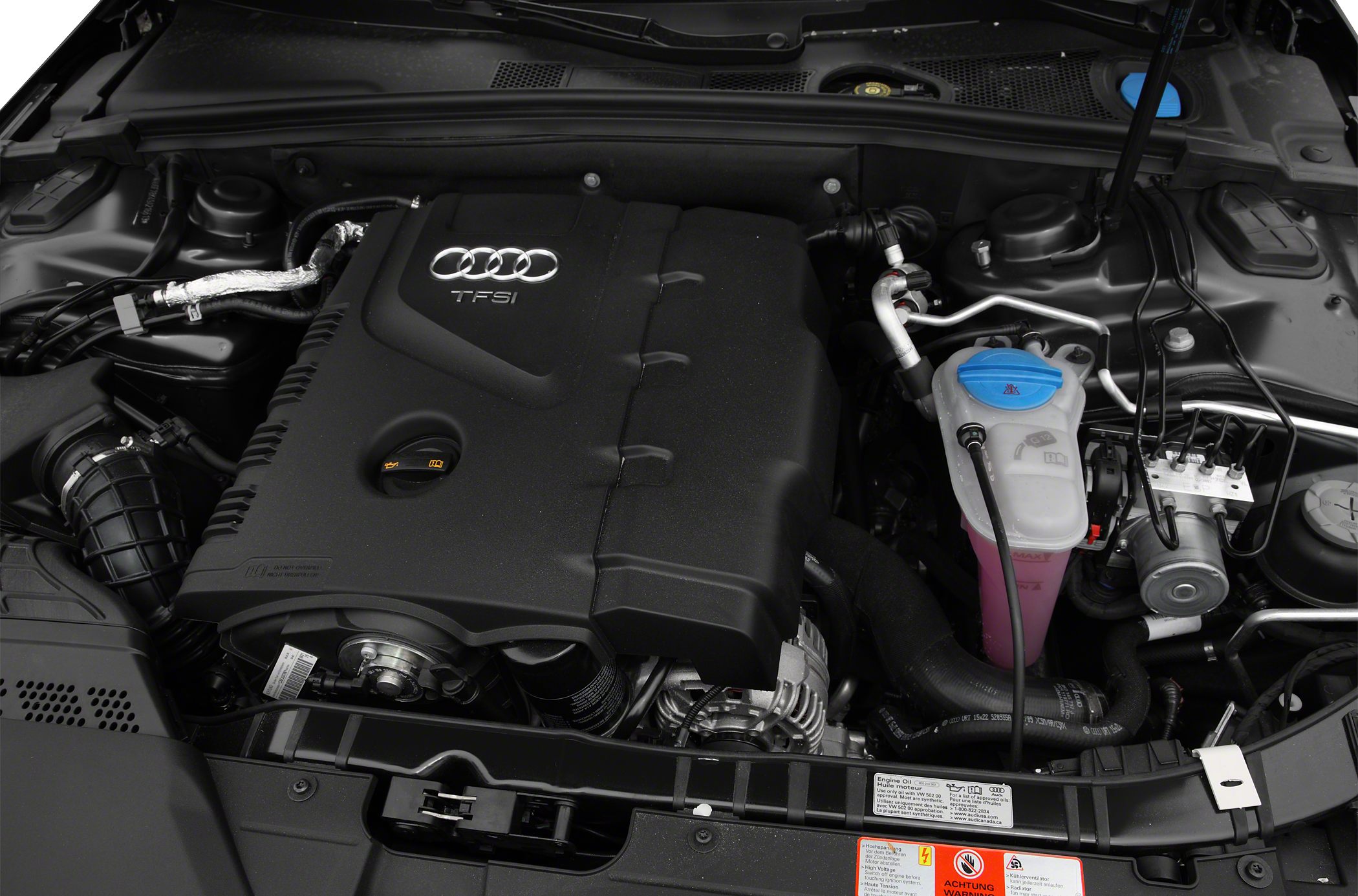 Engine bay with TFSI engine cover and coolant reservoir