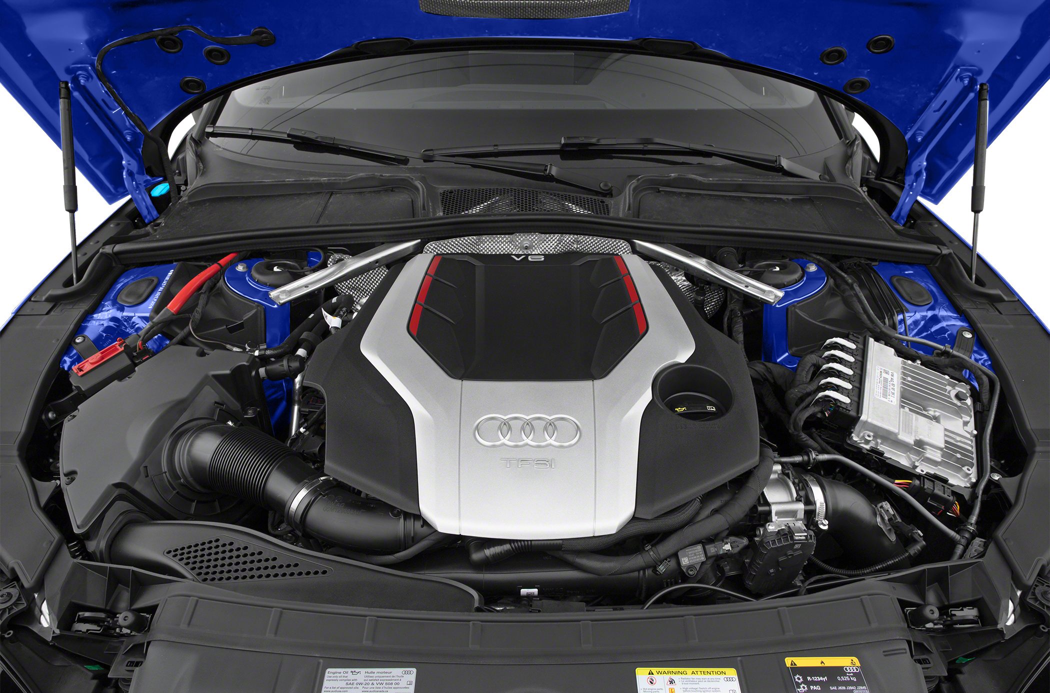 Detailed view of V6 TFSI engine bay with structural brace