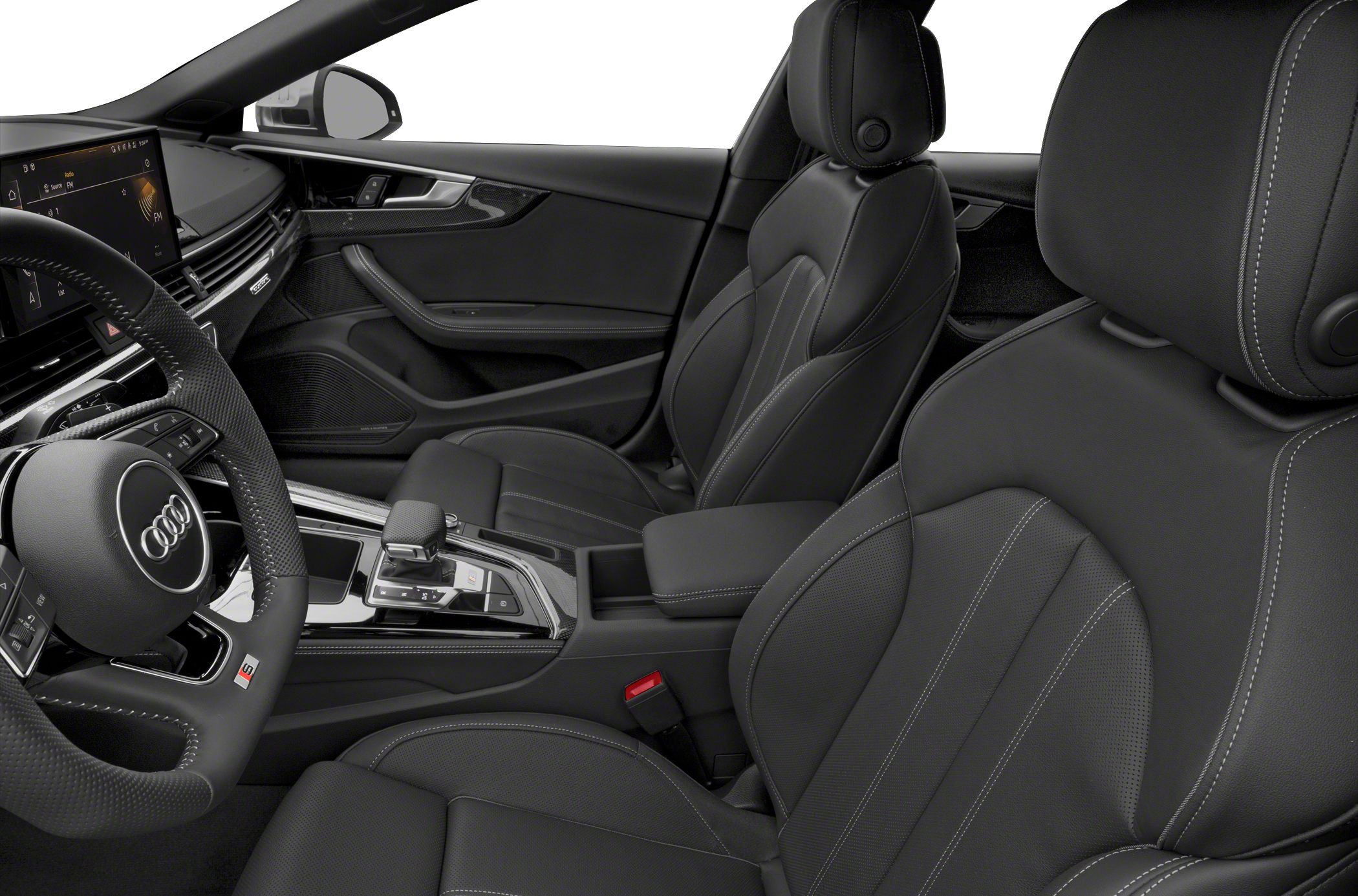 Black leather sport seats with white stitching and modern infotainment system