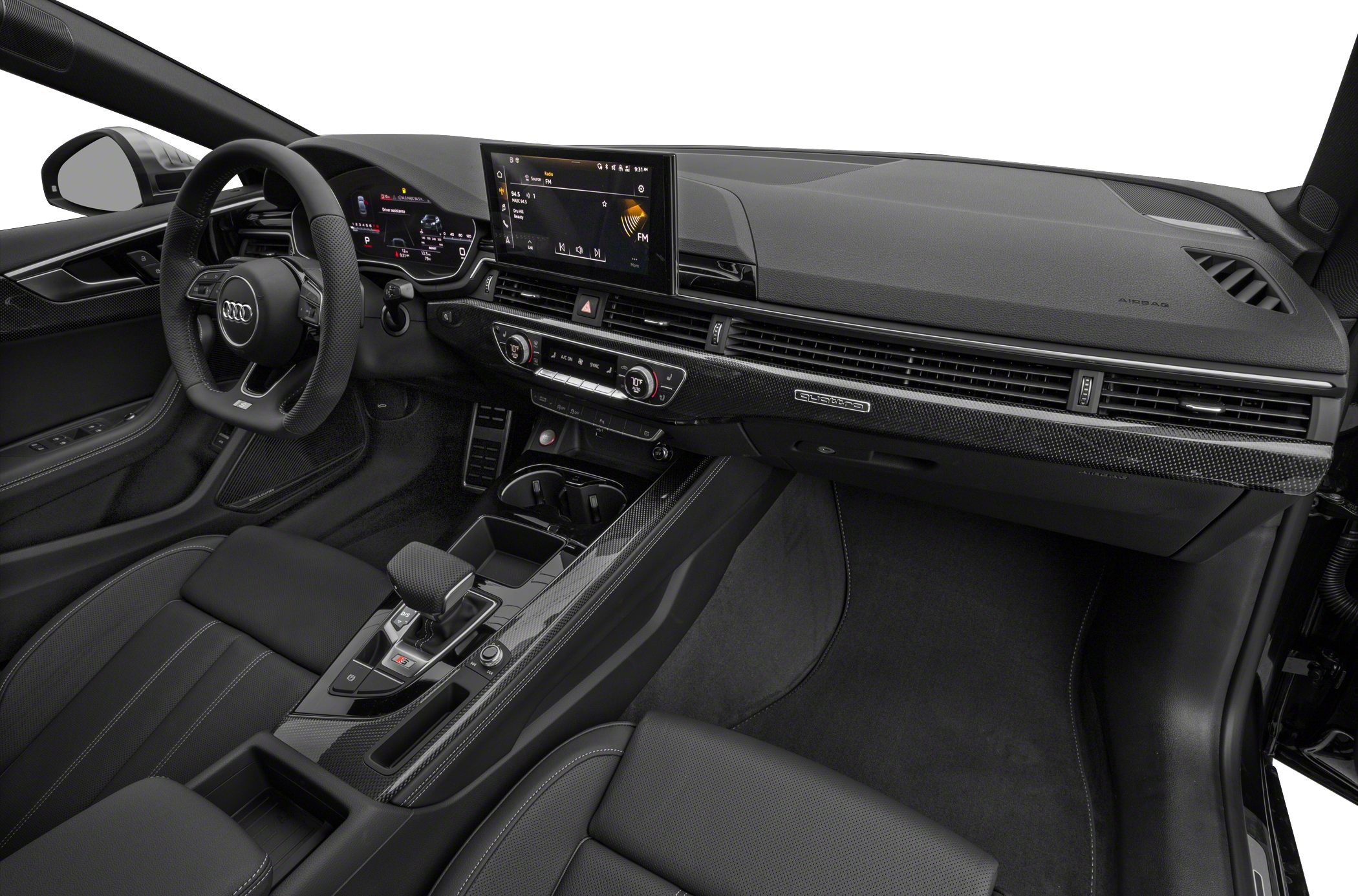 Modern Audi interior with digital dashboard and carbon fiber trim