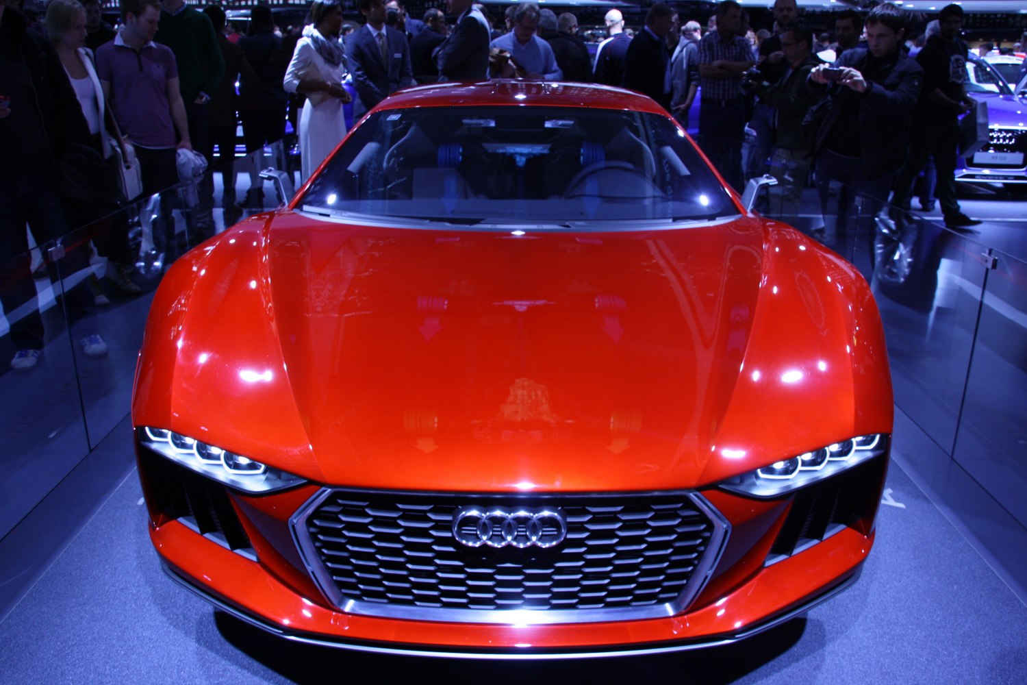 Front view showcasing distinct LED headlights and hexagonal grille