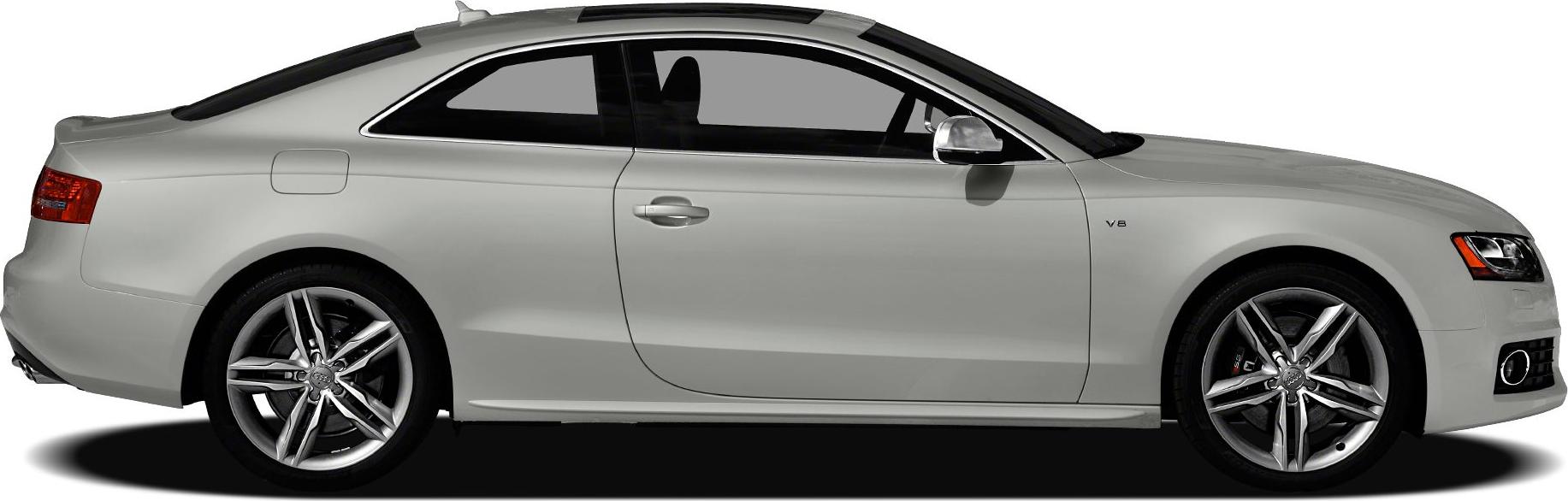 Side view showing coupe silhouette, alloy wheels, and V8 badge