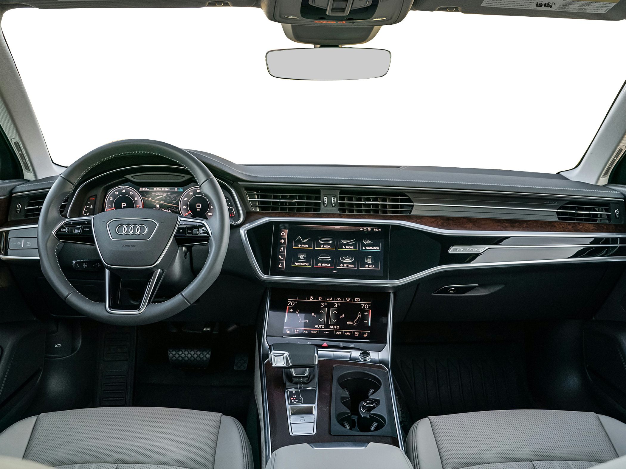 Modern luxury car interior with digital dashboard and dual touchscreens