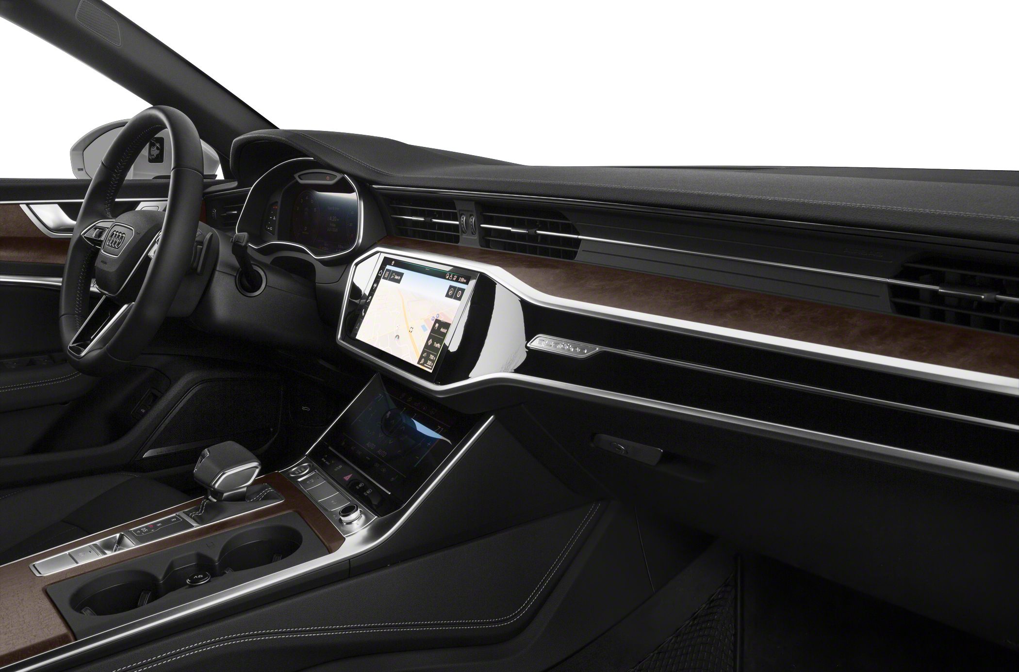 Modern dashboard with dual touchscreens and wood trim