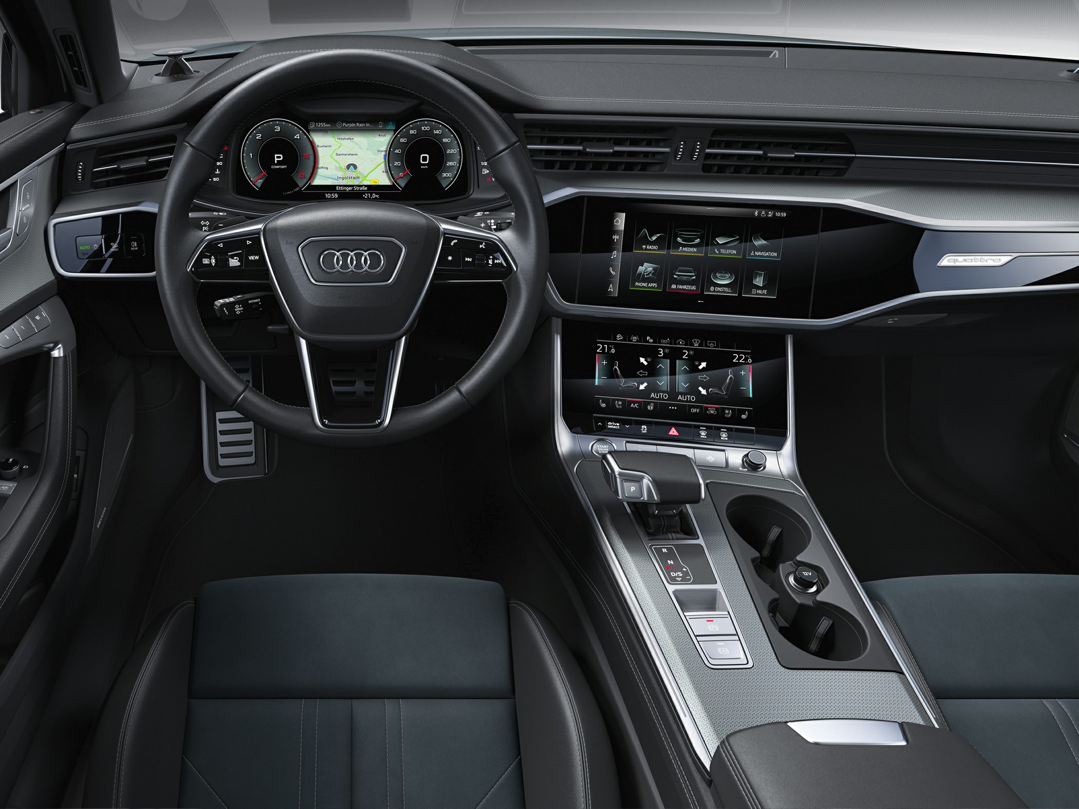 Digital instrument cluster and dual touchscreen center console with modern steering wheel