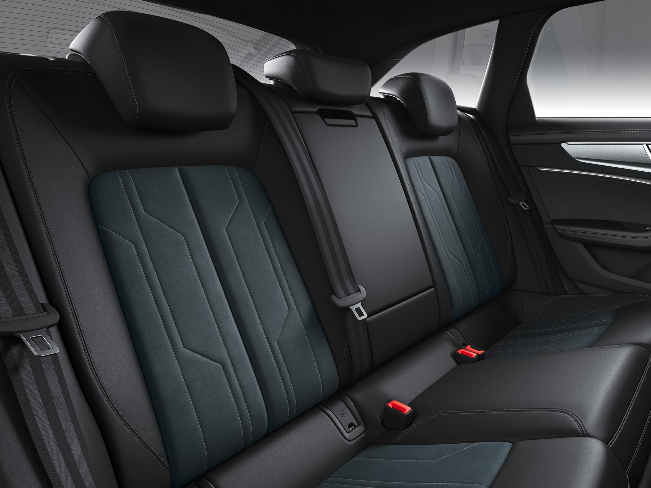 Rear seat interior with premium upholstery and headrests