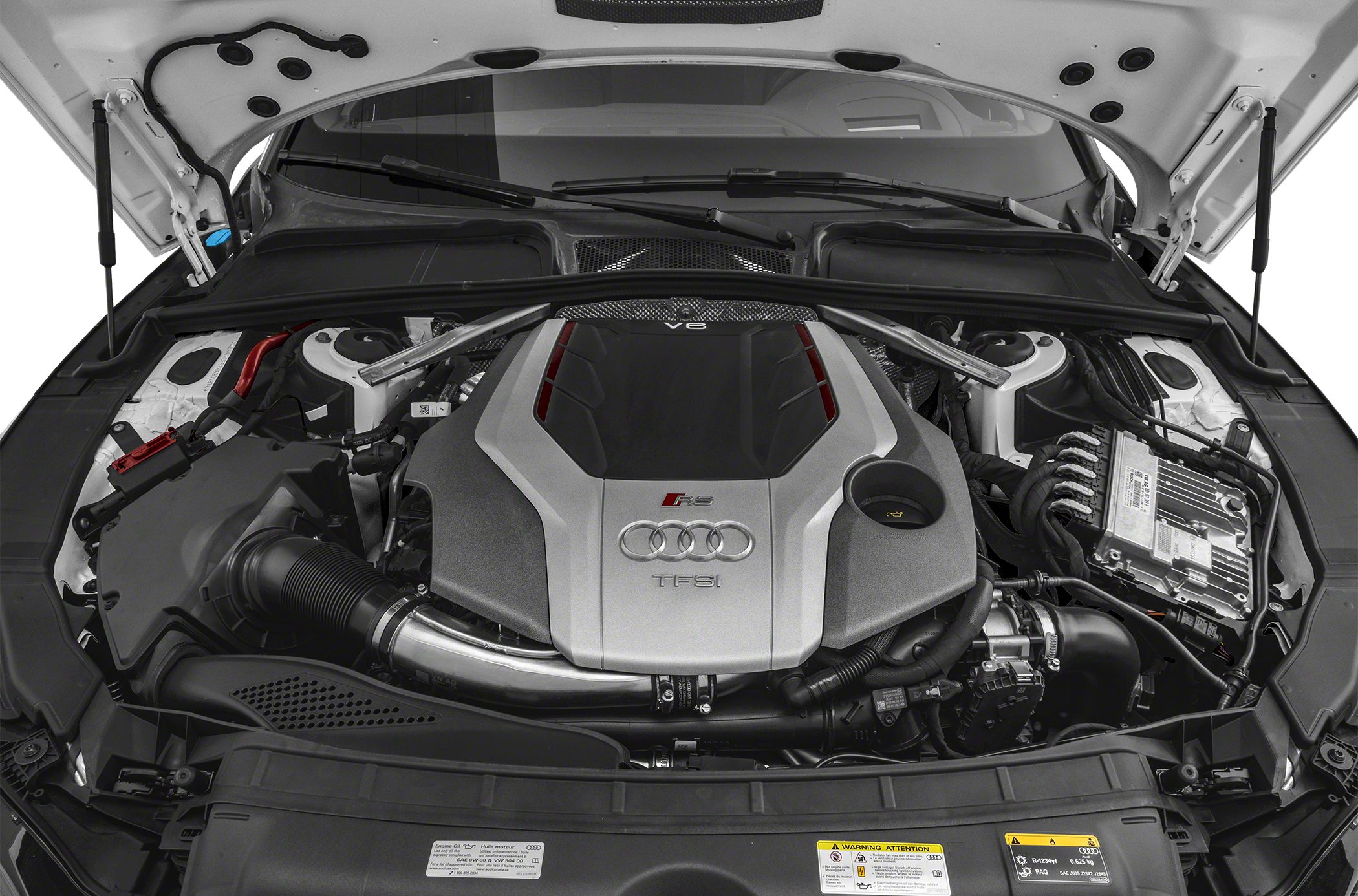 Close-up of a V6 TFSI engine compartment with Audi RS 5 branding.