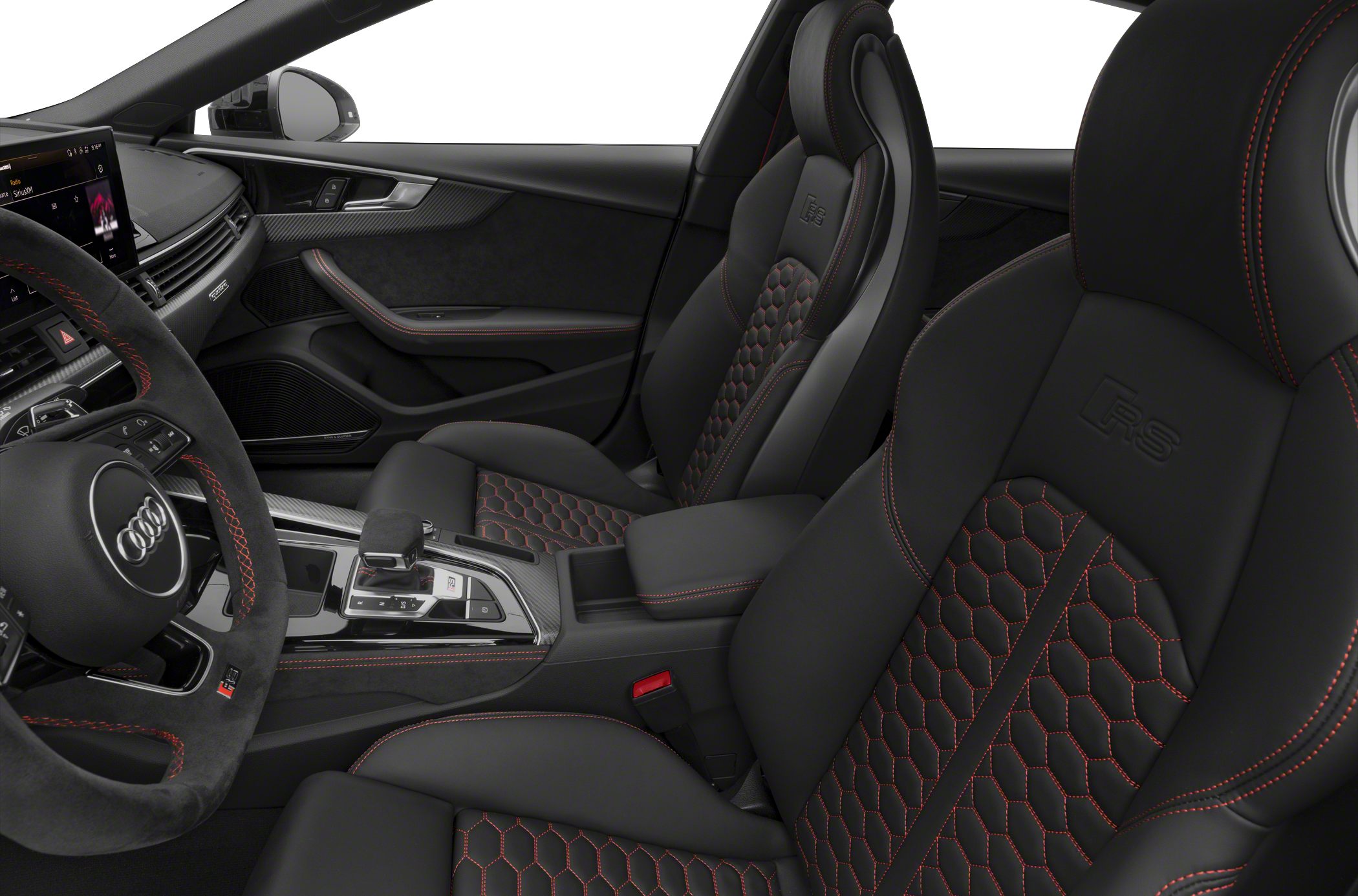 Sporty black leather seats with red contrast stitching inside a luxury car cabin.