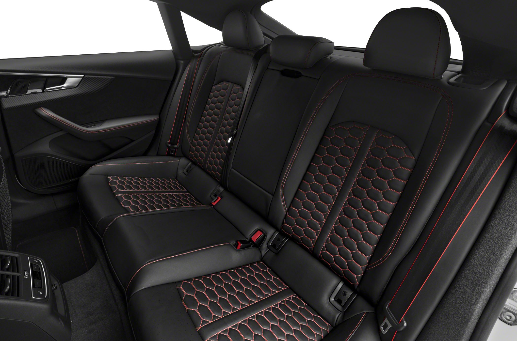 Black leather rear seats with red hexagonal stitching and red accents