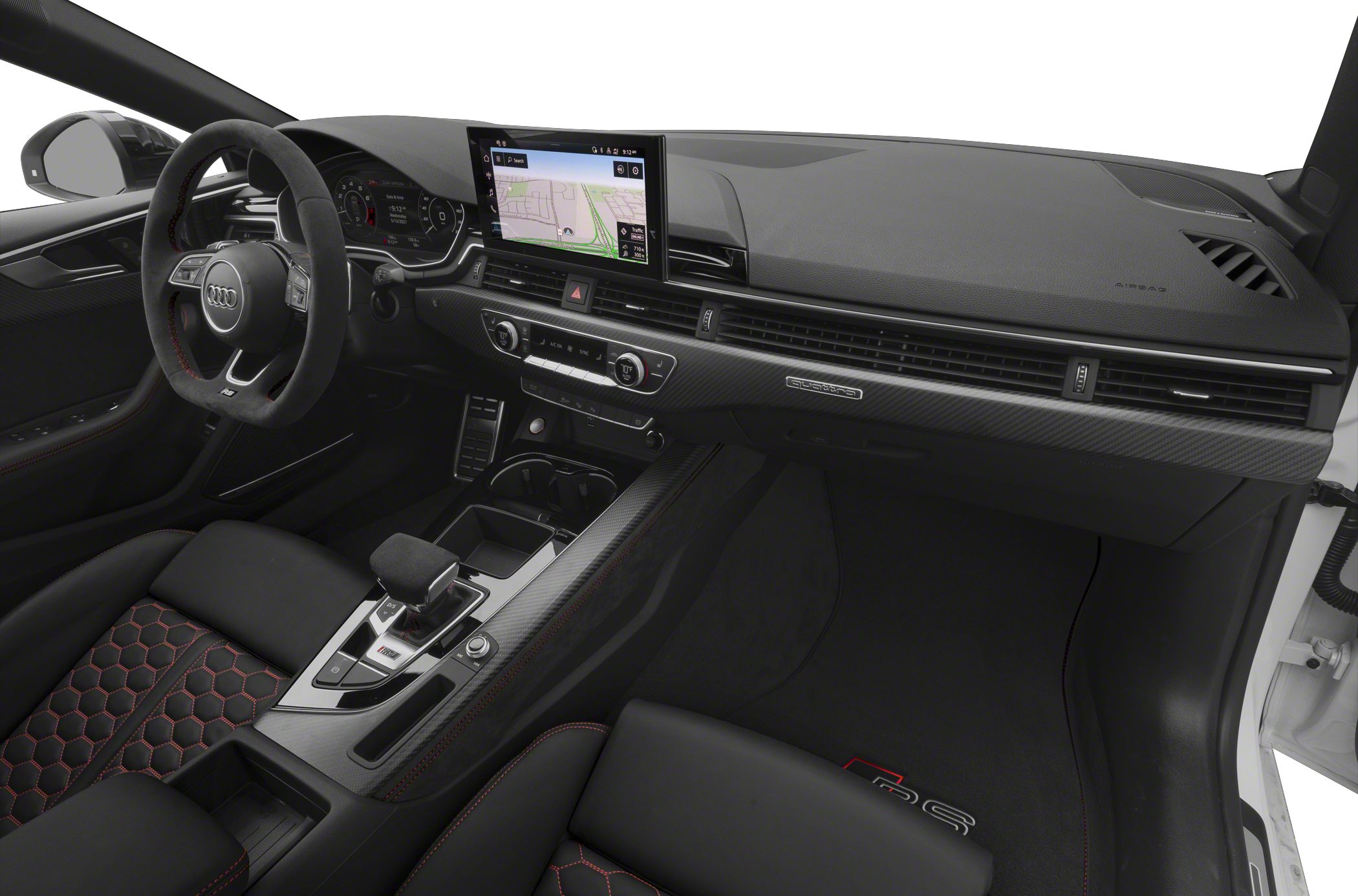 Digital dashboard, infotainment screen, and carbon fiber trim interior