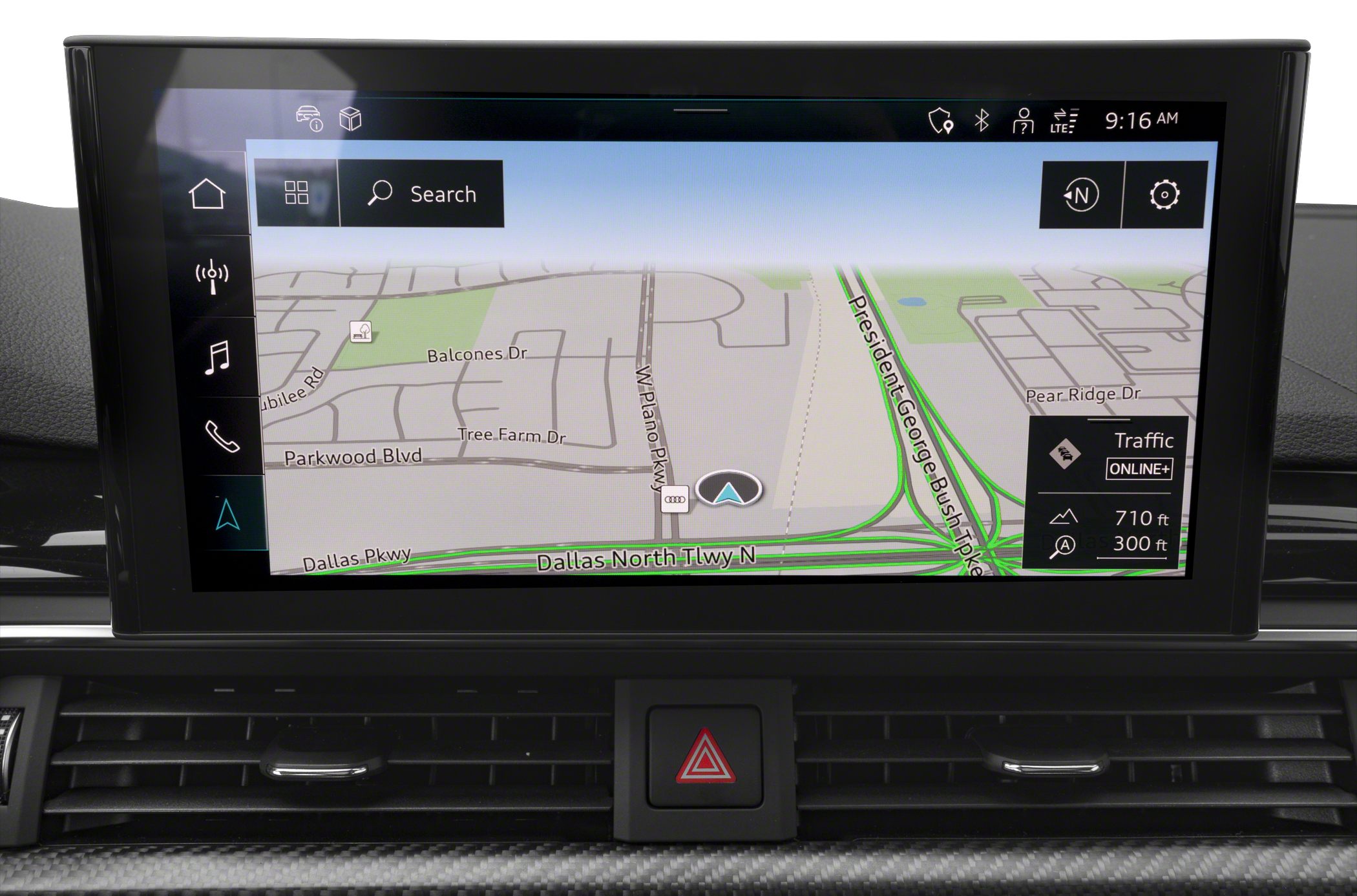 In-car digital navigation system display with map and traffic information