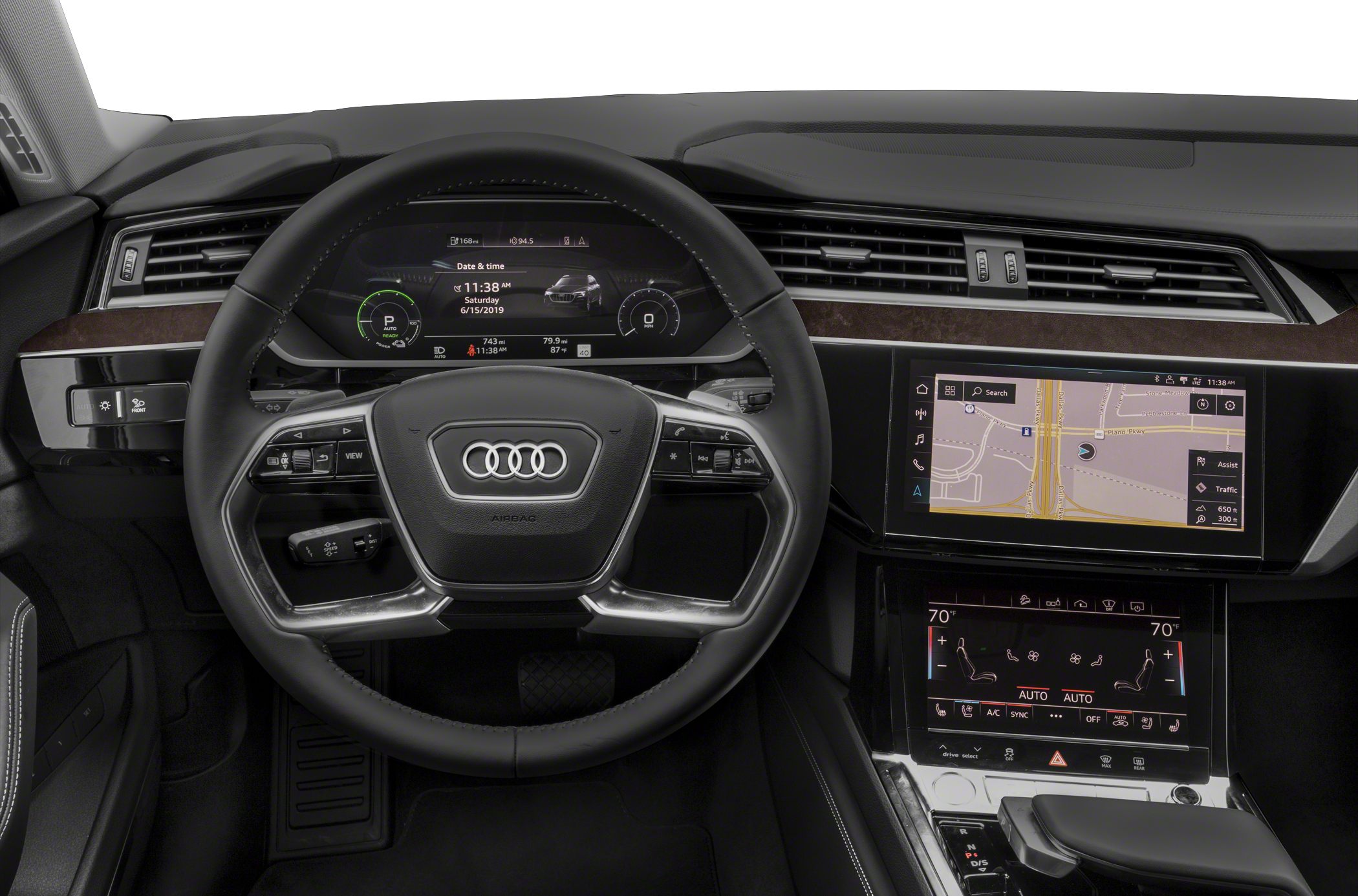 Digital dashboard and dual touchscreen infotainment center with steering wheel controls