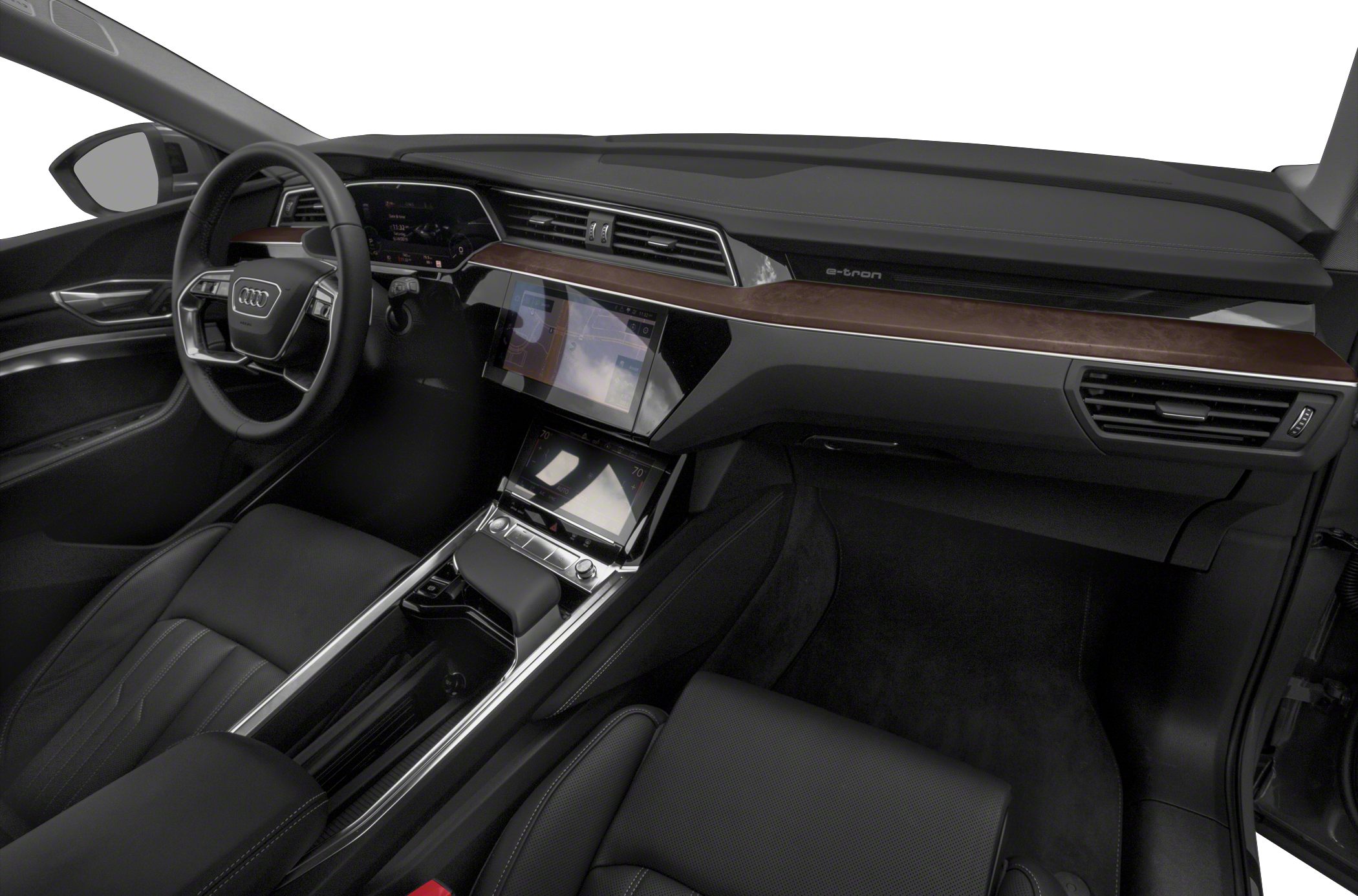 Digital dashboard, touchscreen center console, leather seats, wood trim interior