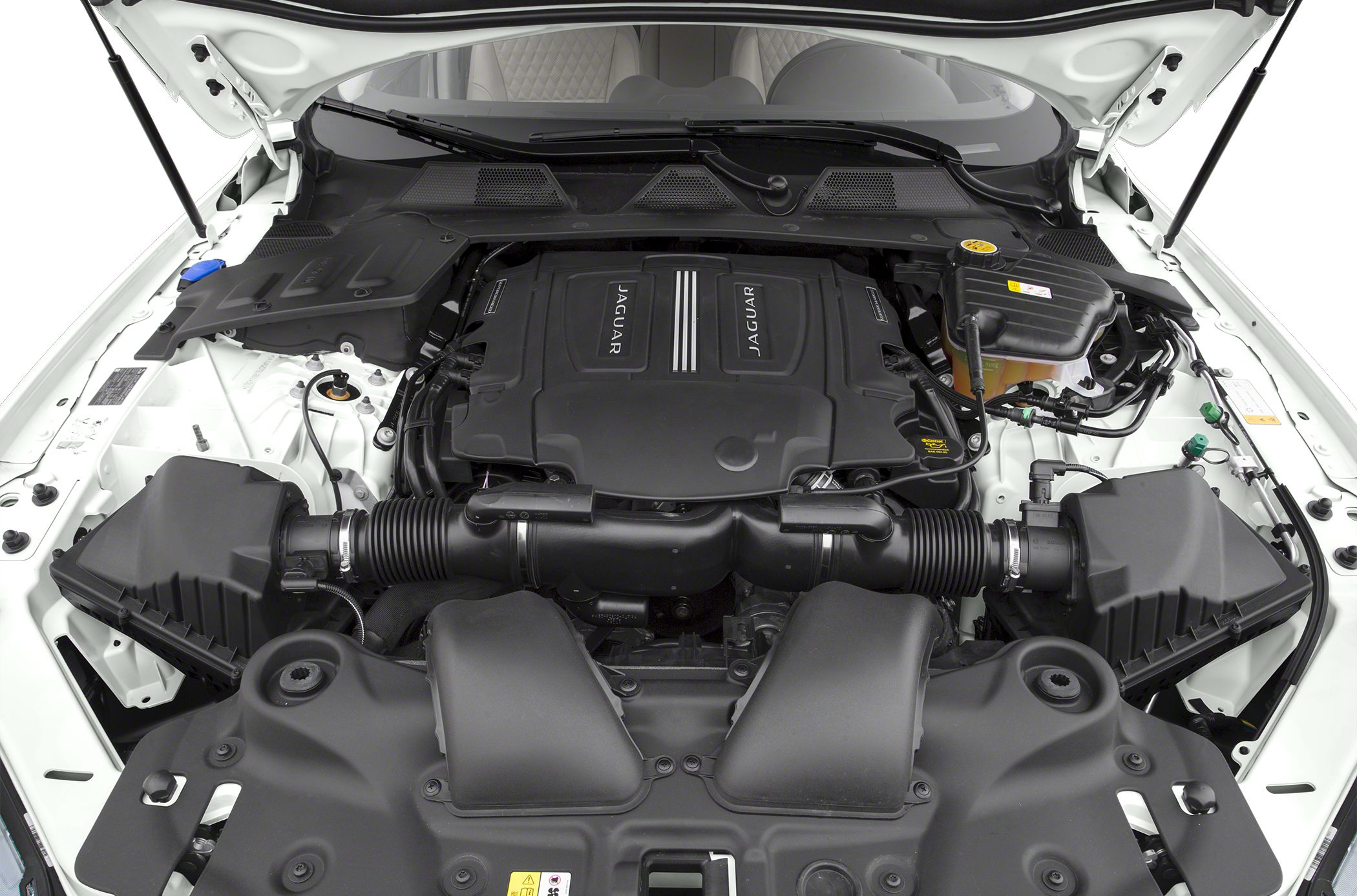 Detailed modern luxury car engine bay with clean layout and components