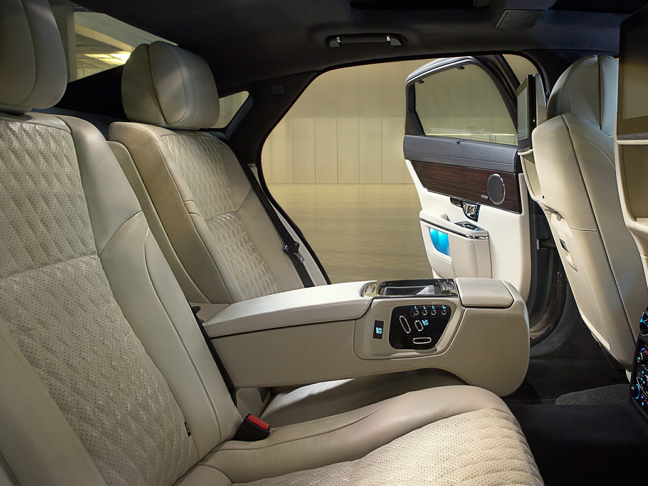 Luxury rear leather seats with control panel and wood-trimmed door