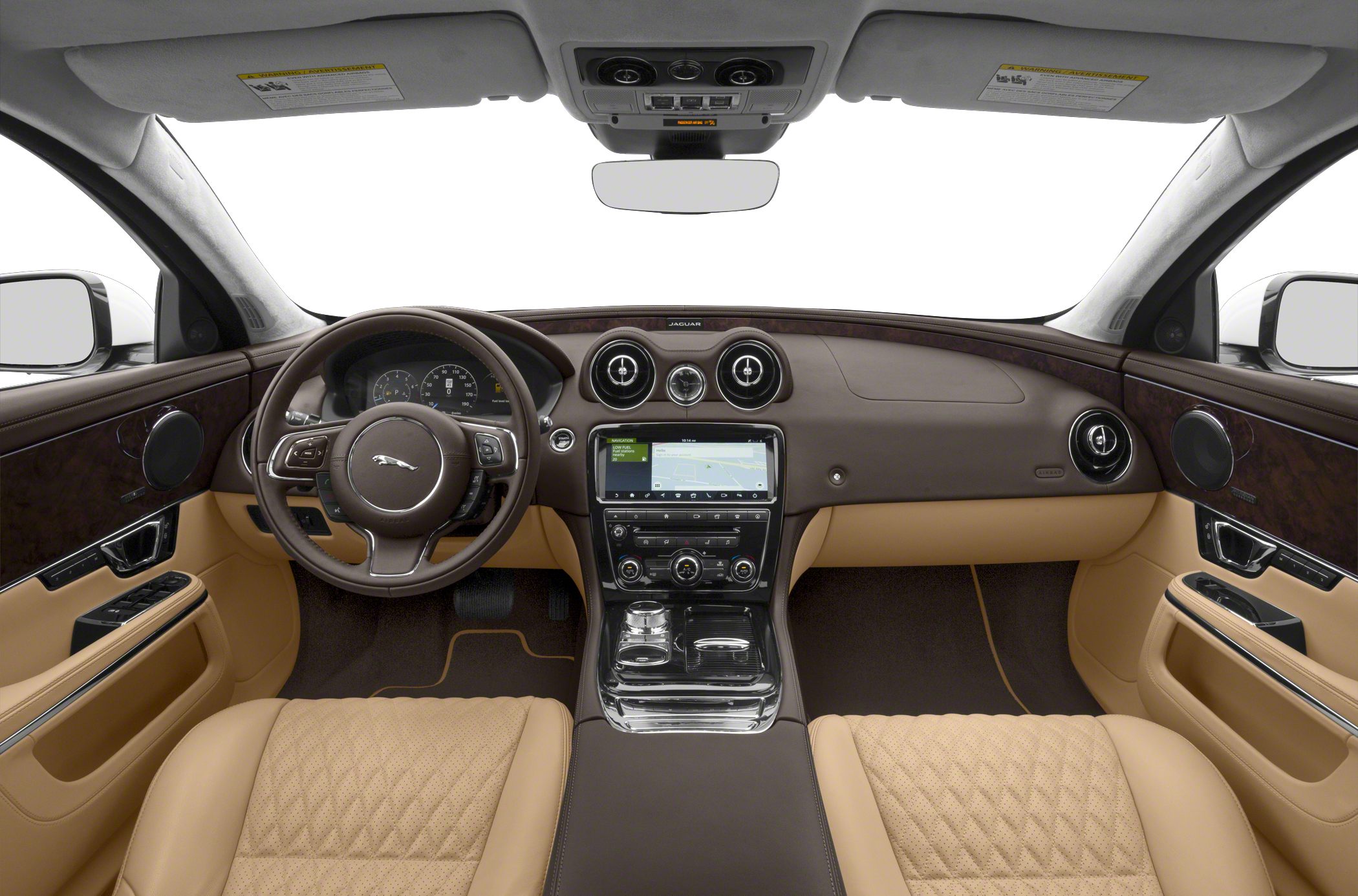 Luxurious dashboard and steering wheel with infotainment system and wood trim