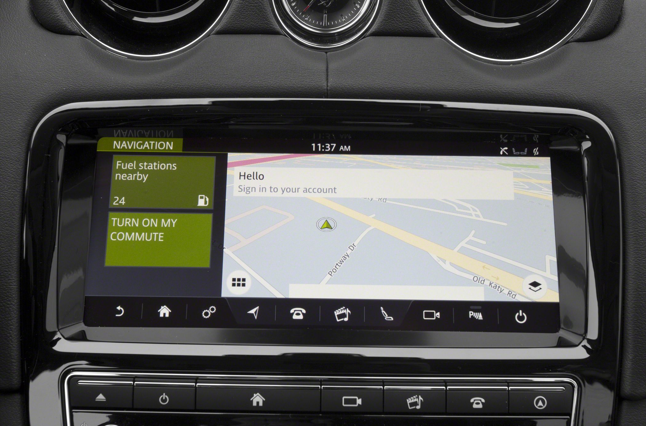 Touchscreen navigation display with map and fuel station info