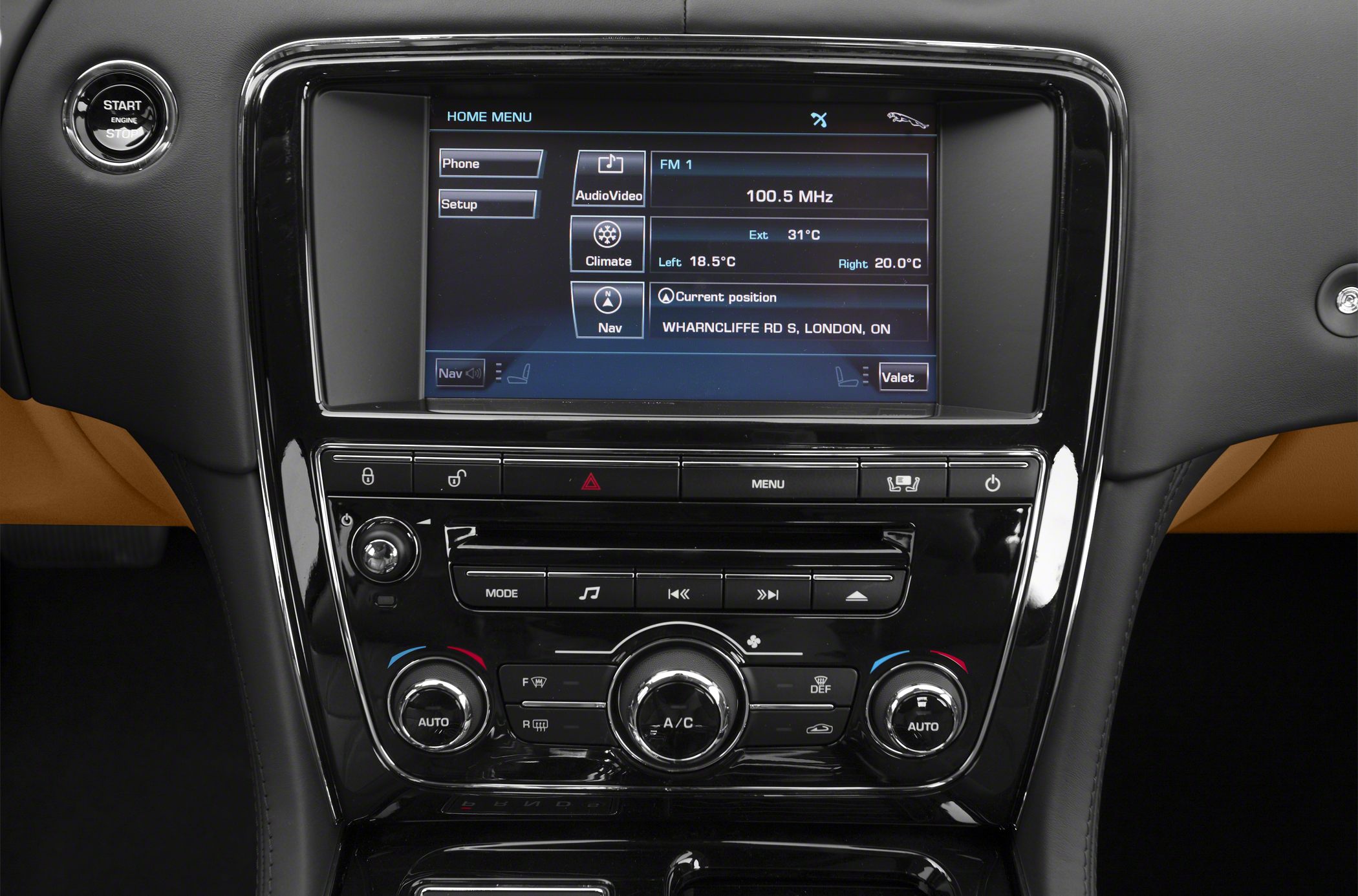 Infotainment touchscreen and climate control knobs with start/stop button