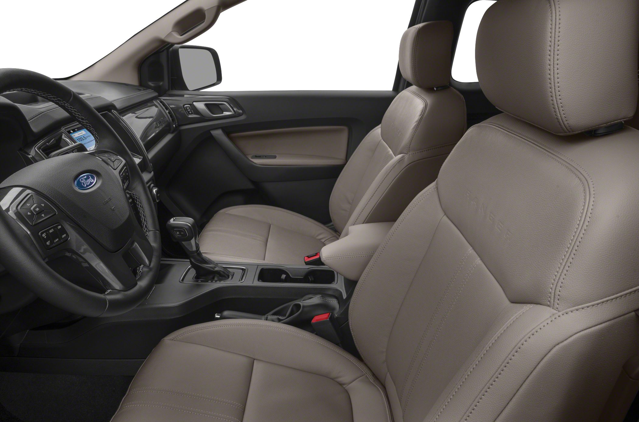 Leather seats and modern dashboard with steering wheel and gear shift
