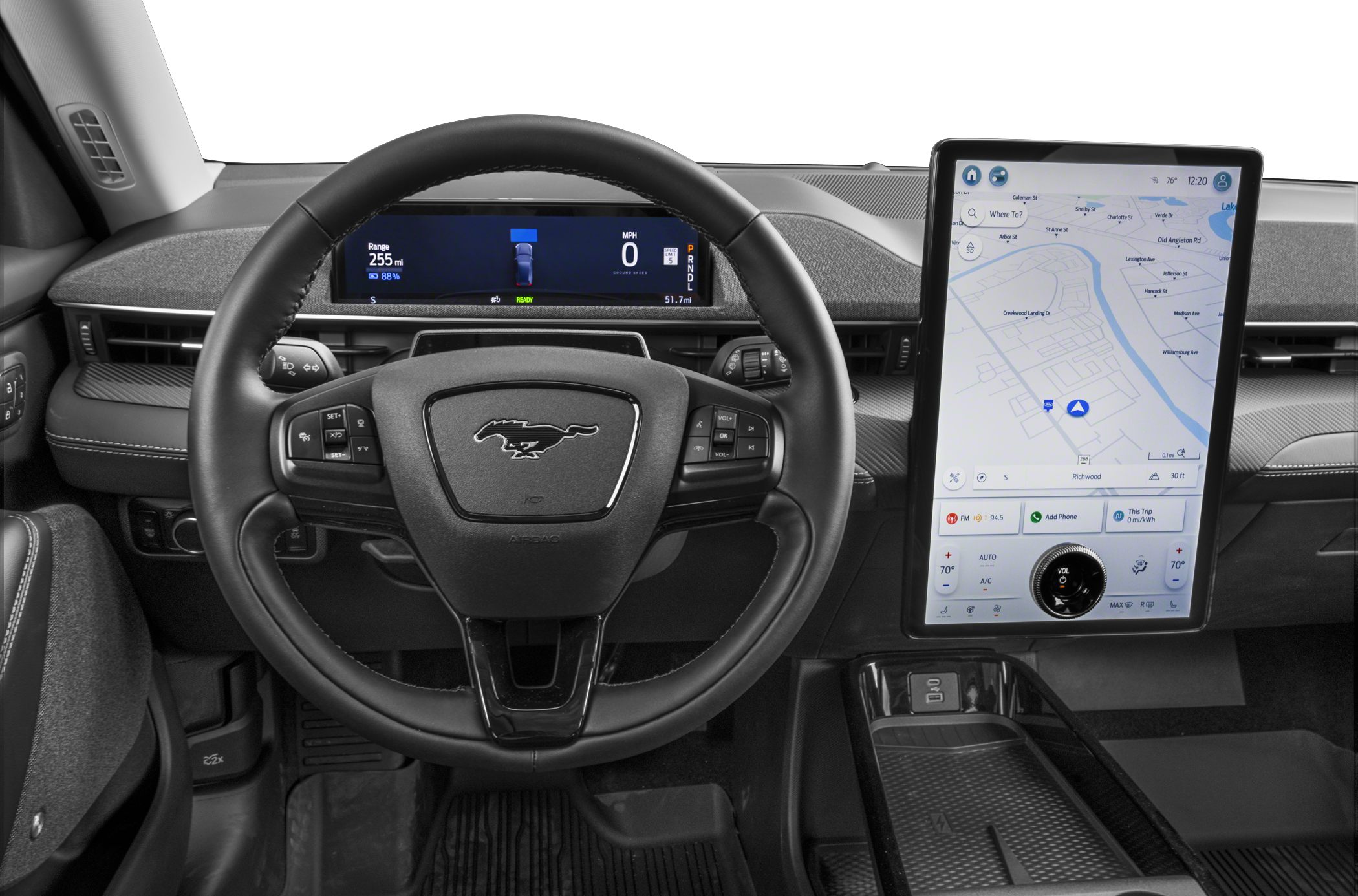 Electric SUV interior with digital cluster and large vertical touchscreen navigation